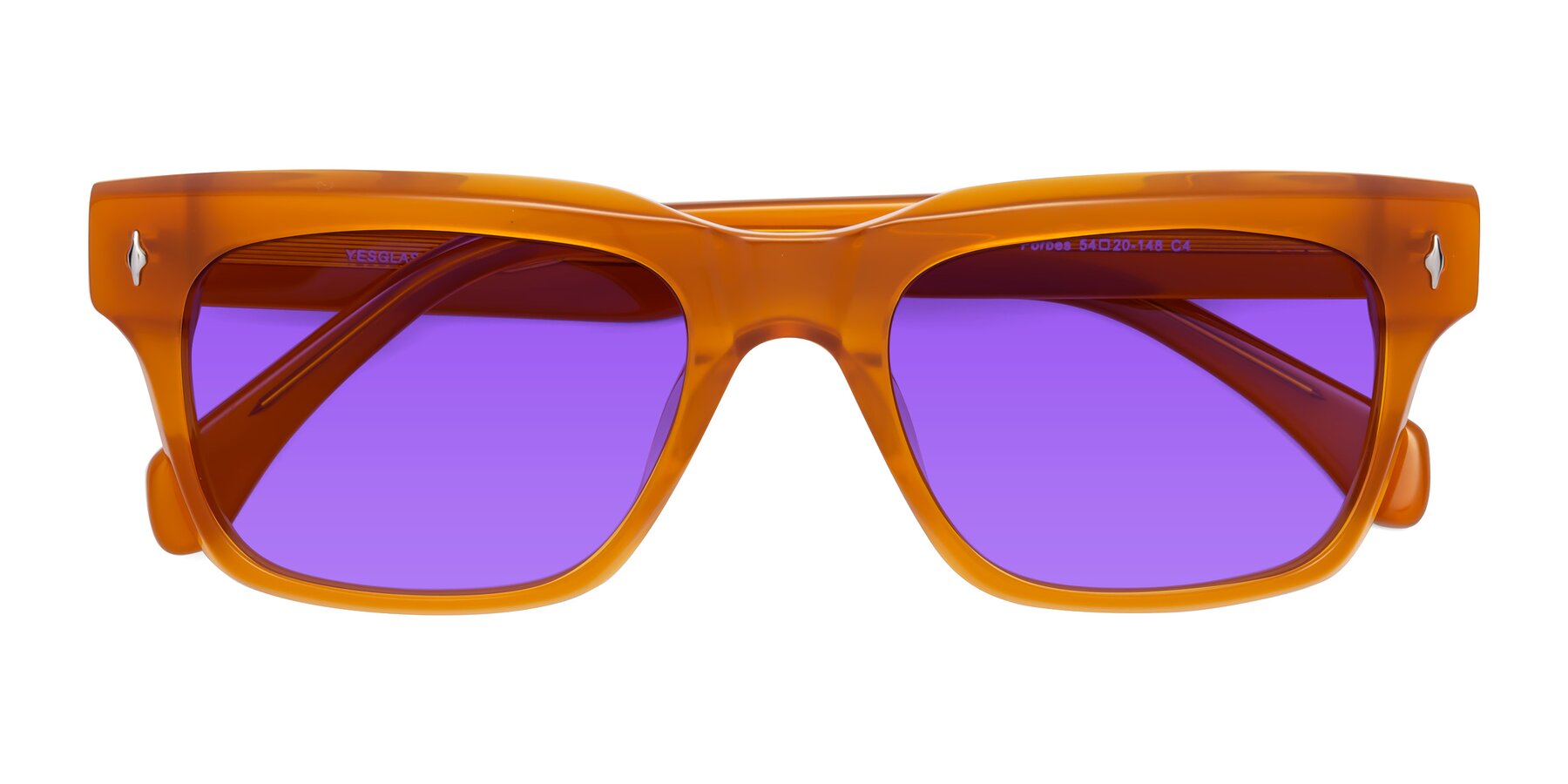 Folded Front of Forbes in Pumpkin with Purple Tinted Lenses