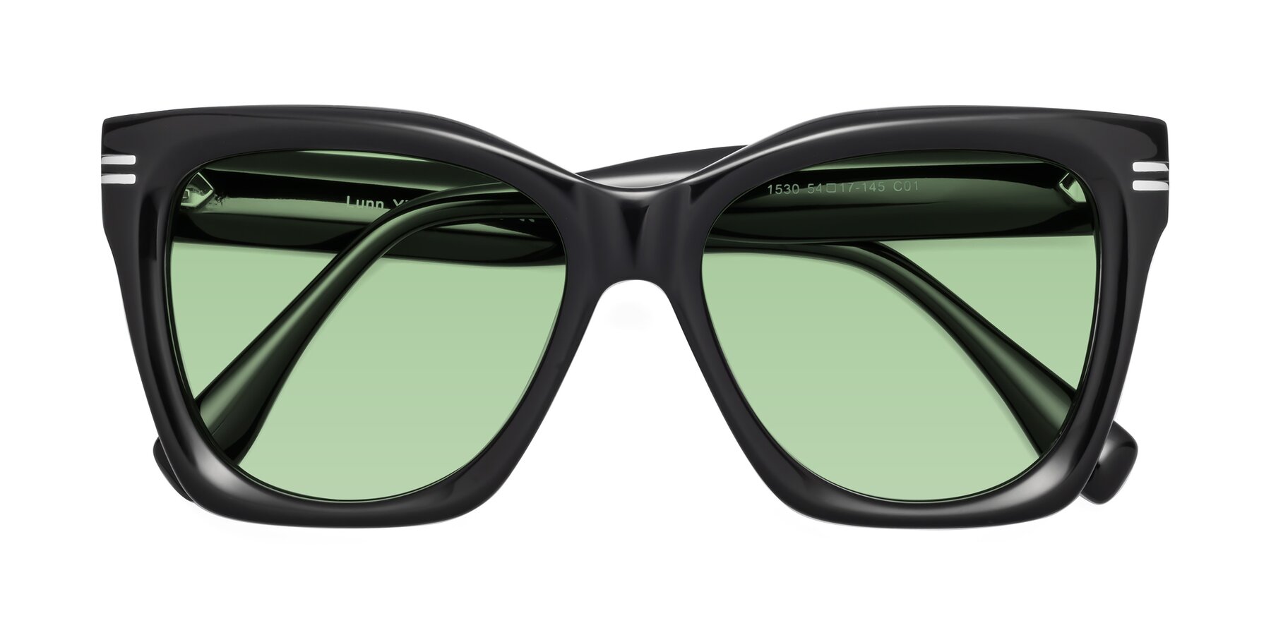 Folded Front of Lunn in Black with Medium Green Tinted Lenses