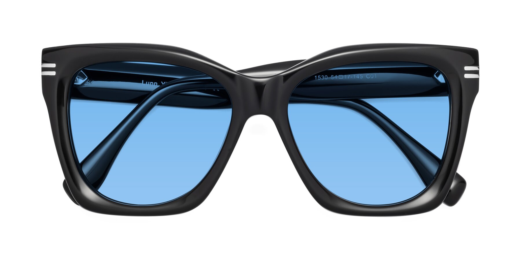 Folded Front of Lunn in Black with Medium Blue Tinted Lenses