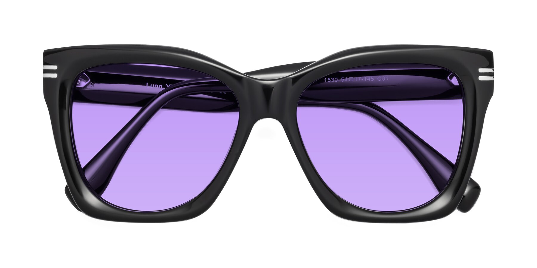 Folded Front of Lunn in Black with Medium Purple Tinted Lenses