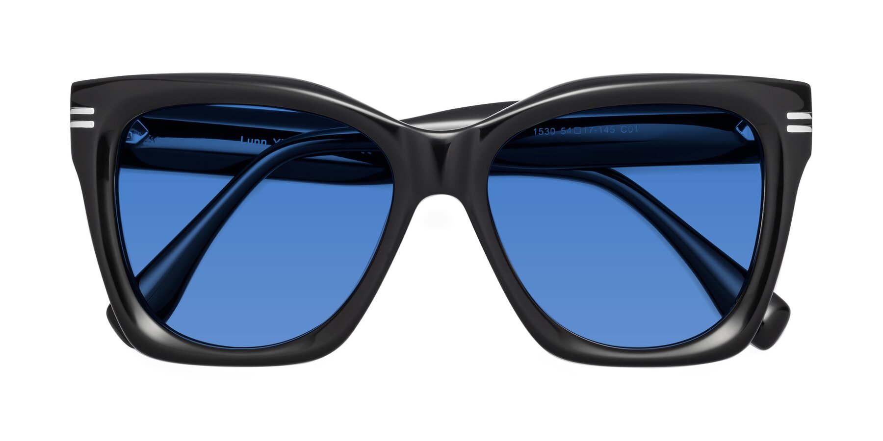 Folded Front of Lunn in Black with Blue Tinted Lenses