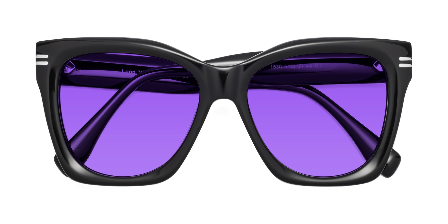 Folded Front of Lunn in Black with Purple Tinted Lenses
