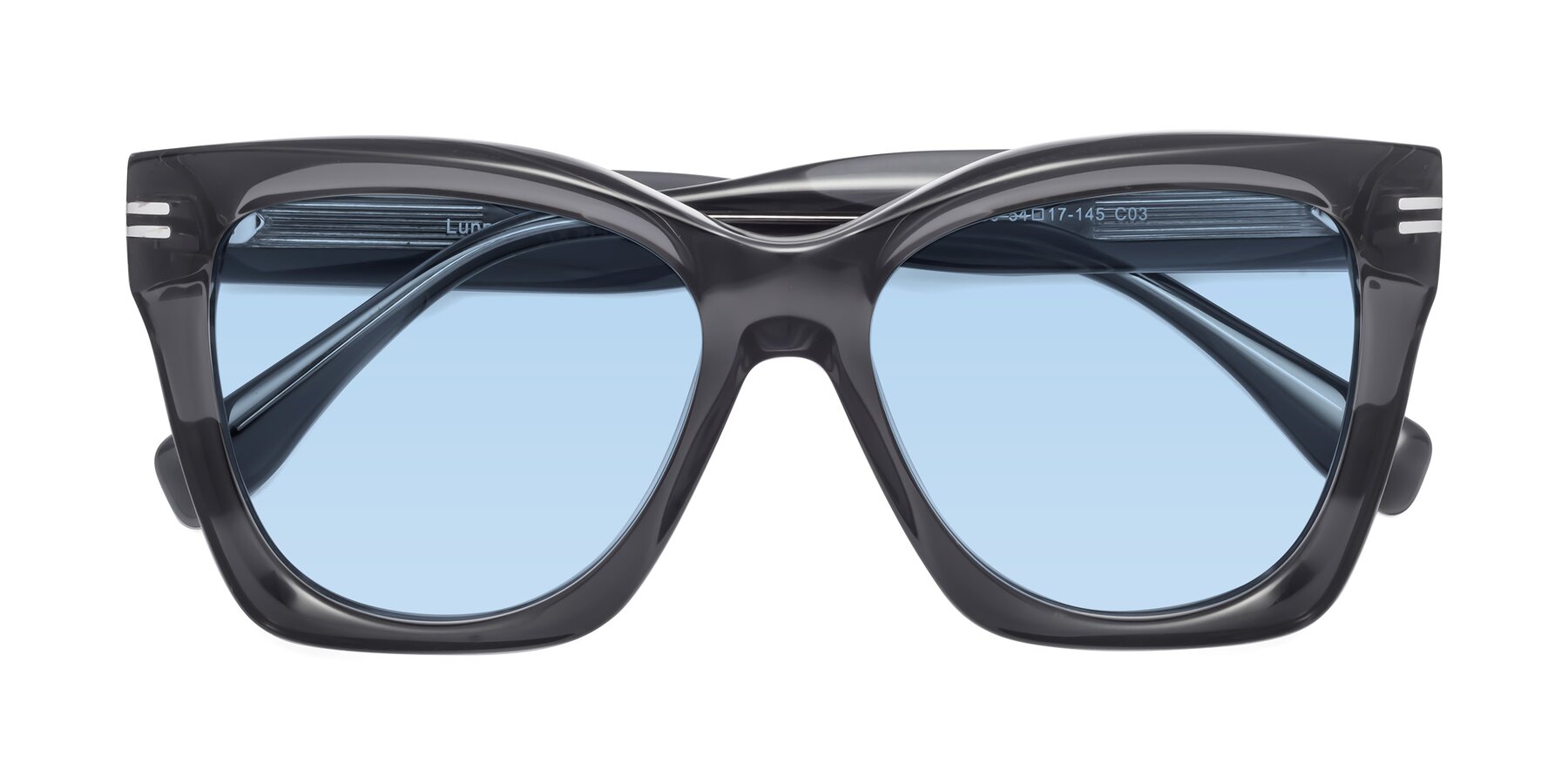 Folded Front of Lunn in Translucent Gray with Light Blue Tinted Lenses