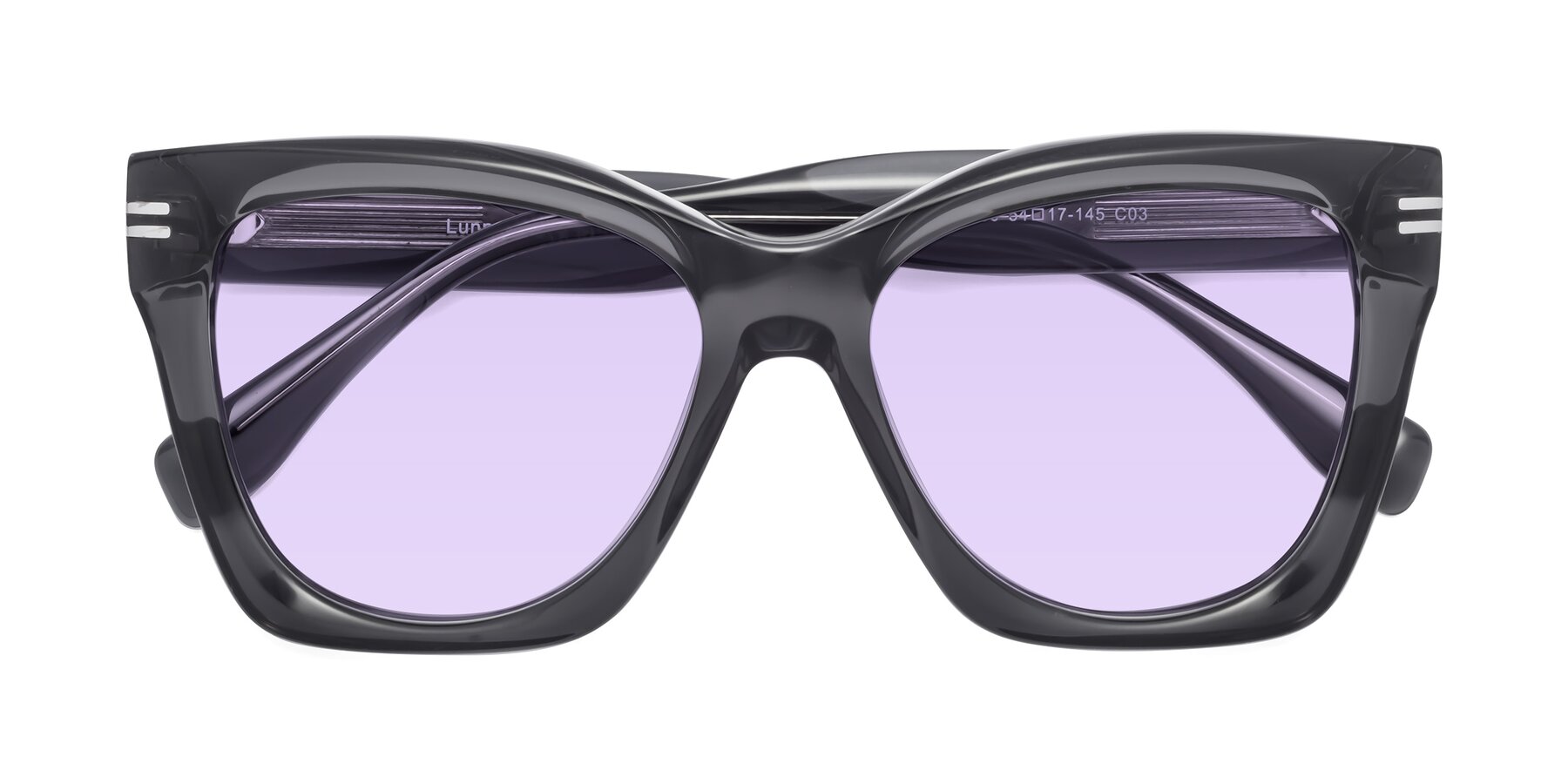 Folded Front of Lunn in Translucent Gray with Light Purple Tinted Lenses