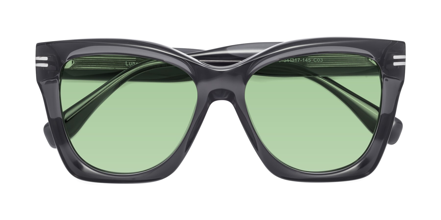 Folded Front of Lunn in Translucent Gray with Medium Green Tinted Lenses