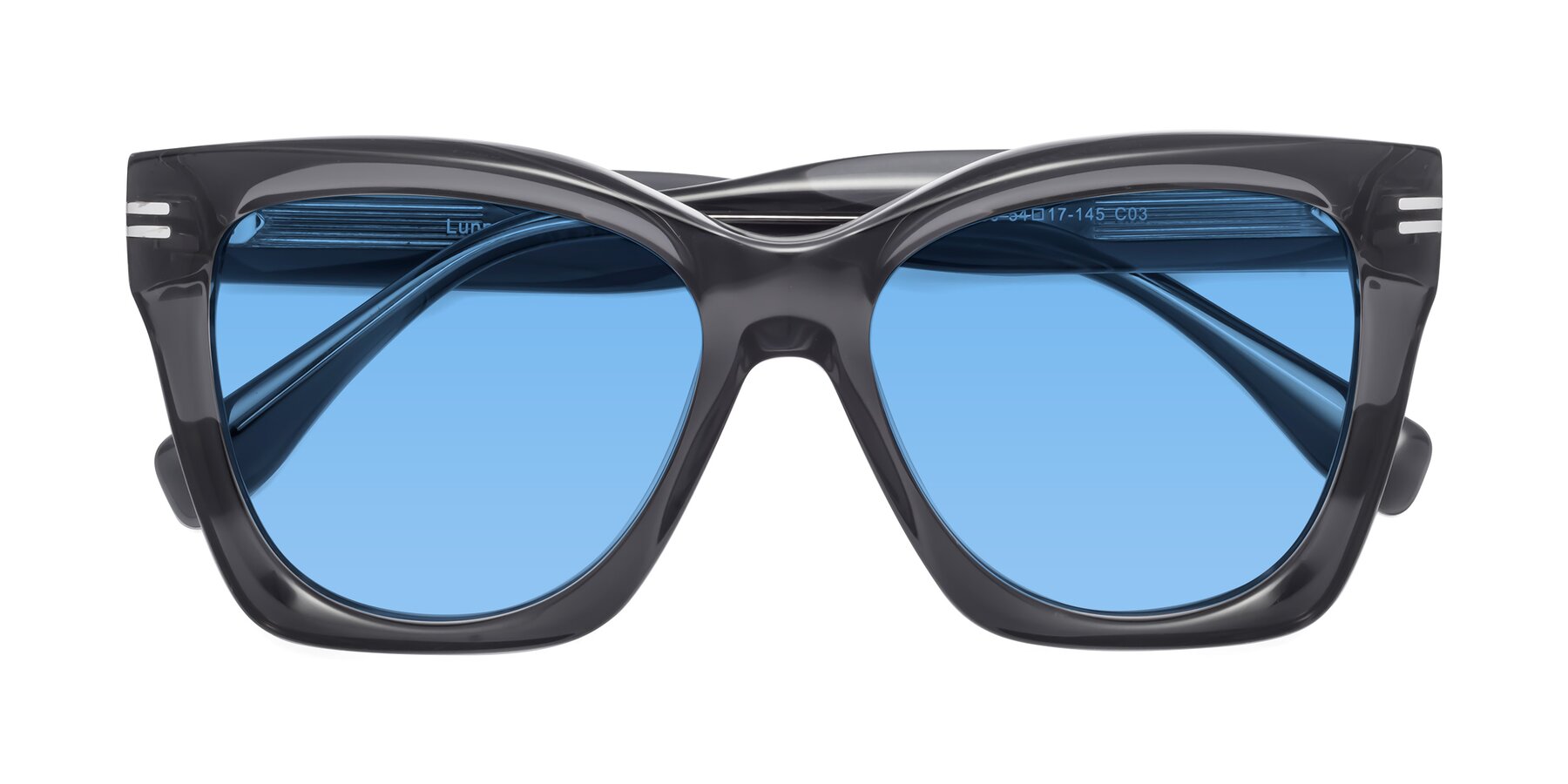 Folded Front of Lunn in Translucent Gray with Medium Blue Tinted Lenses