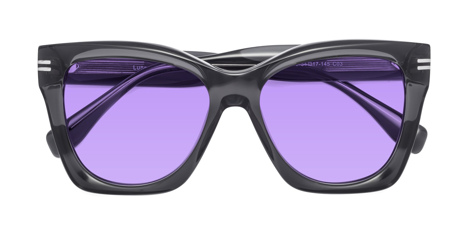 Folded Front of Lunn in Translucent Gray with Medium Purple Tinted Lenses