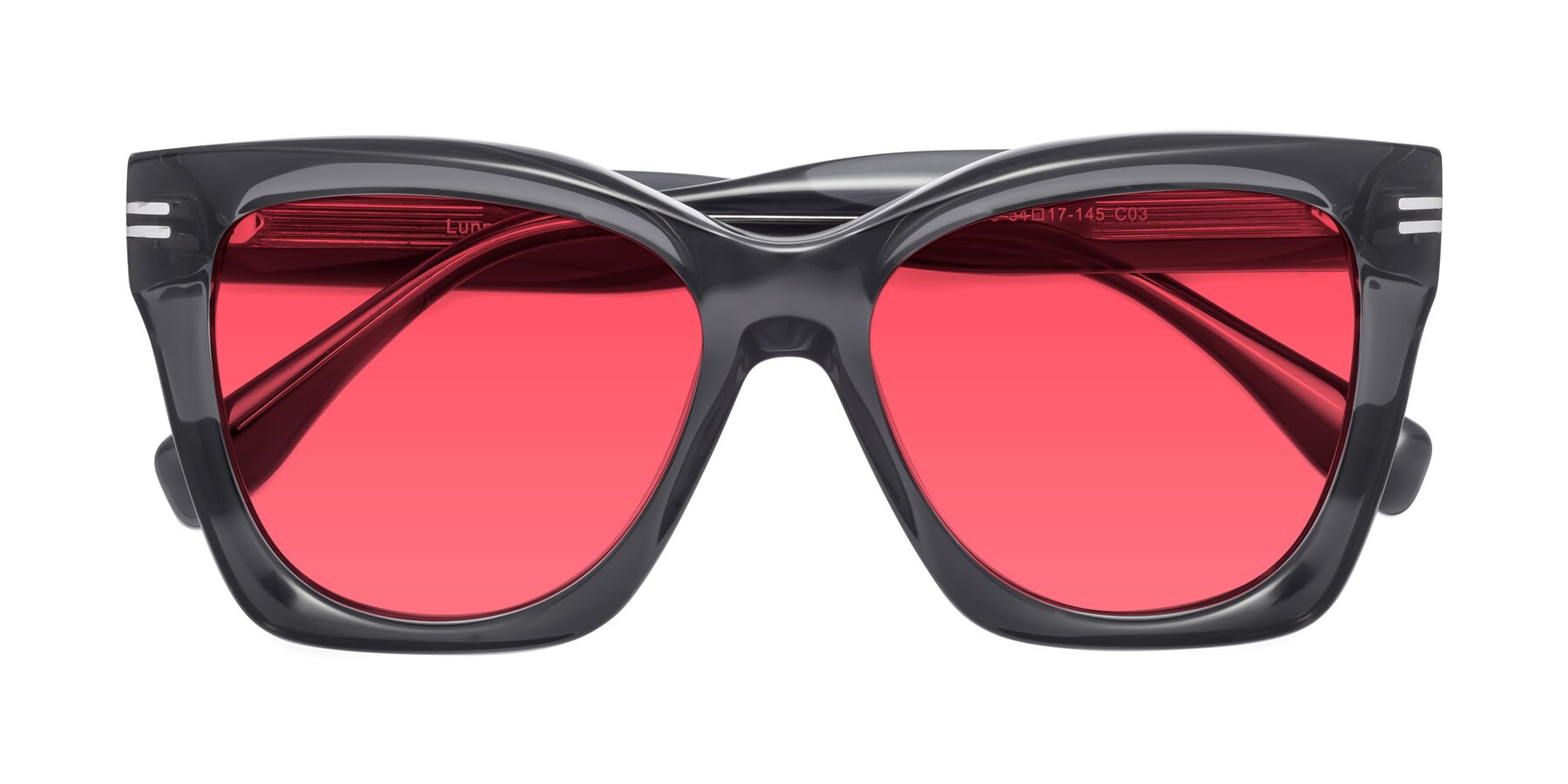 Folded Front of Lunn in Translucent Gray with Red Tinted Lenses