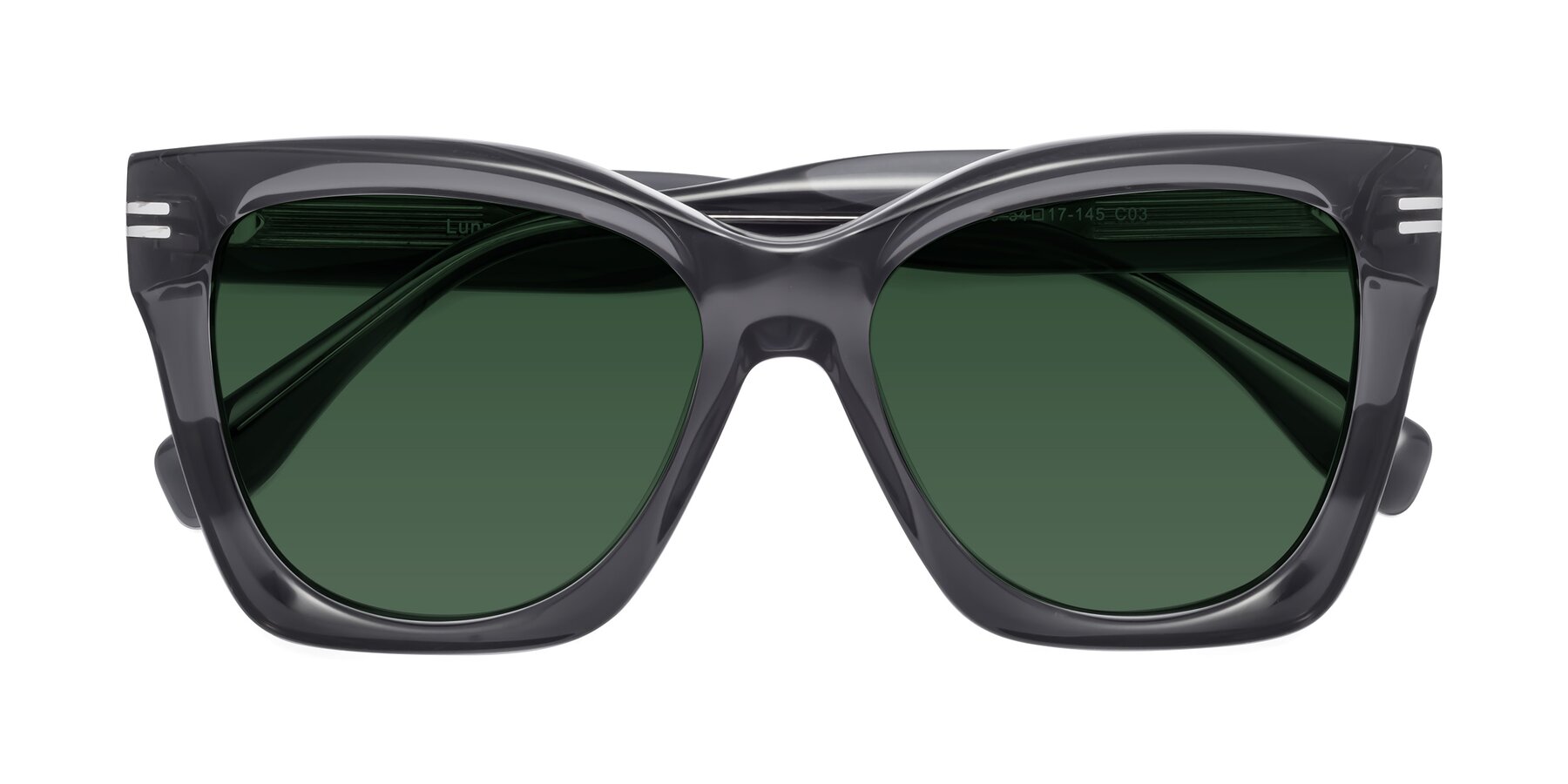 Folded Front of Lunn in Translucent Gray with Green Tinted Lenses