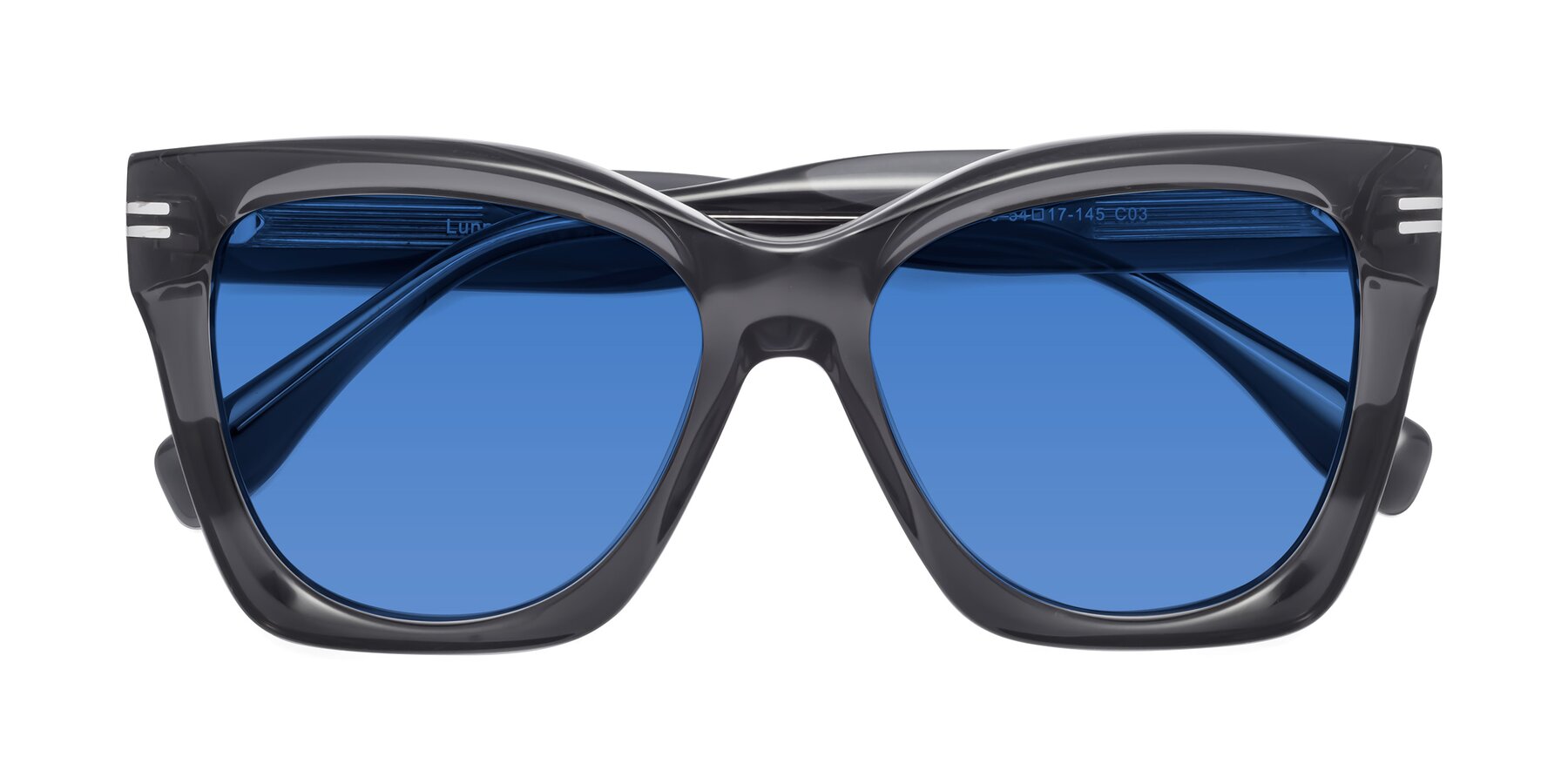 Folded Front of Lunn in Translucent Gray with Blue Tinted Lenses