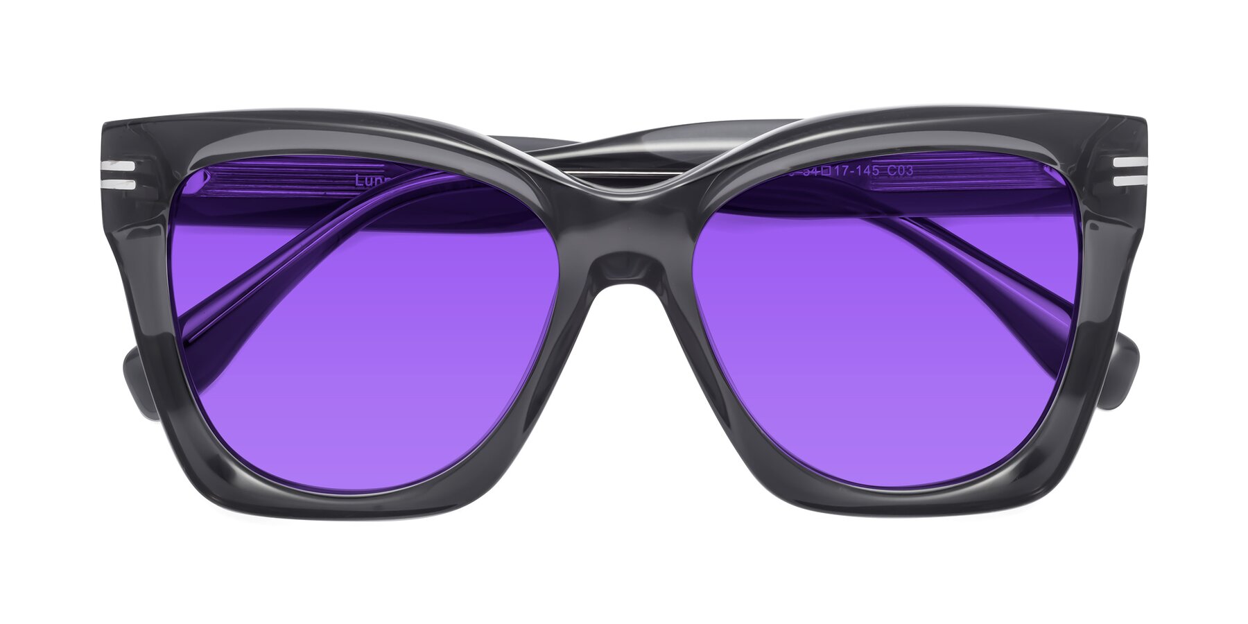 Folded Front of Lunn in Translucent Gray with Purple Tinted Lenses