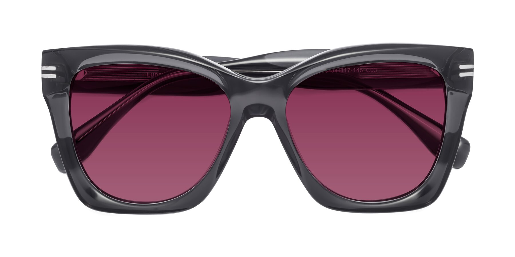 Folded Front of Lunn in Translucent Gray with Wine Tinted Lenses