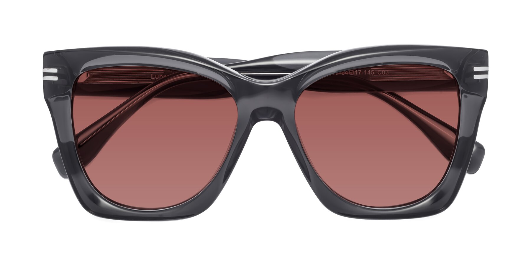 Folded Front of Lunn in Translucent Gray with Garnet Tinted Lenses