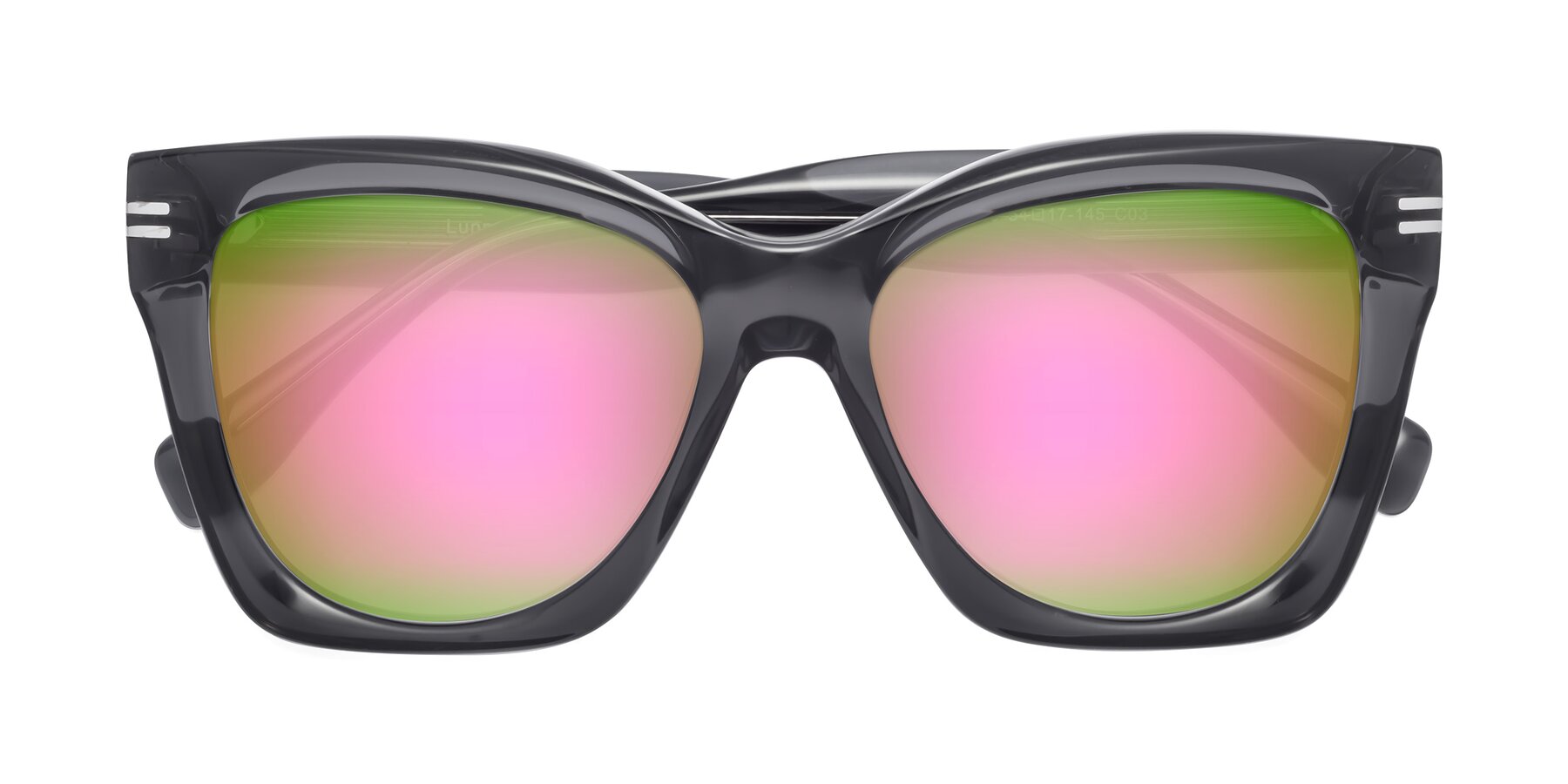 Folded Front of Lunn in Translucent Gray with Pink Mirrored Lenses