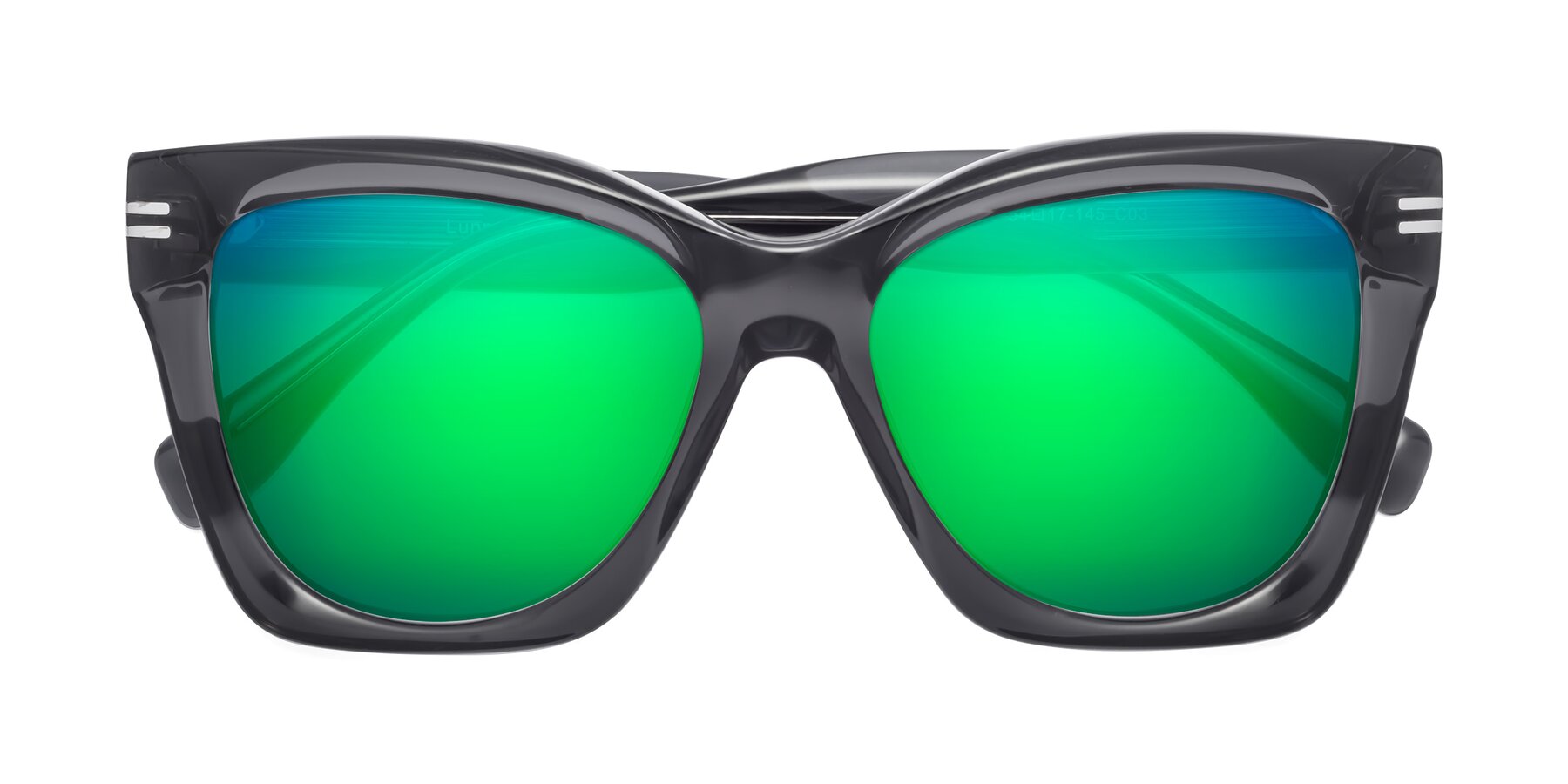 Folded Front of Lunn in Translucent Gray with Green Mirrored Lenses