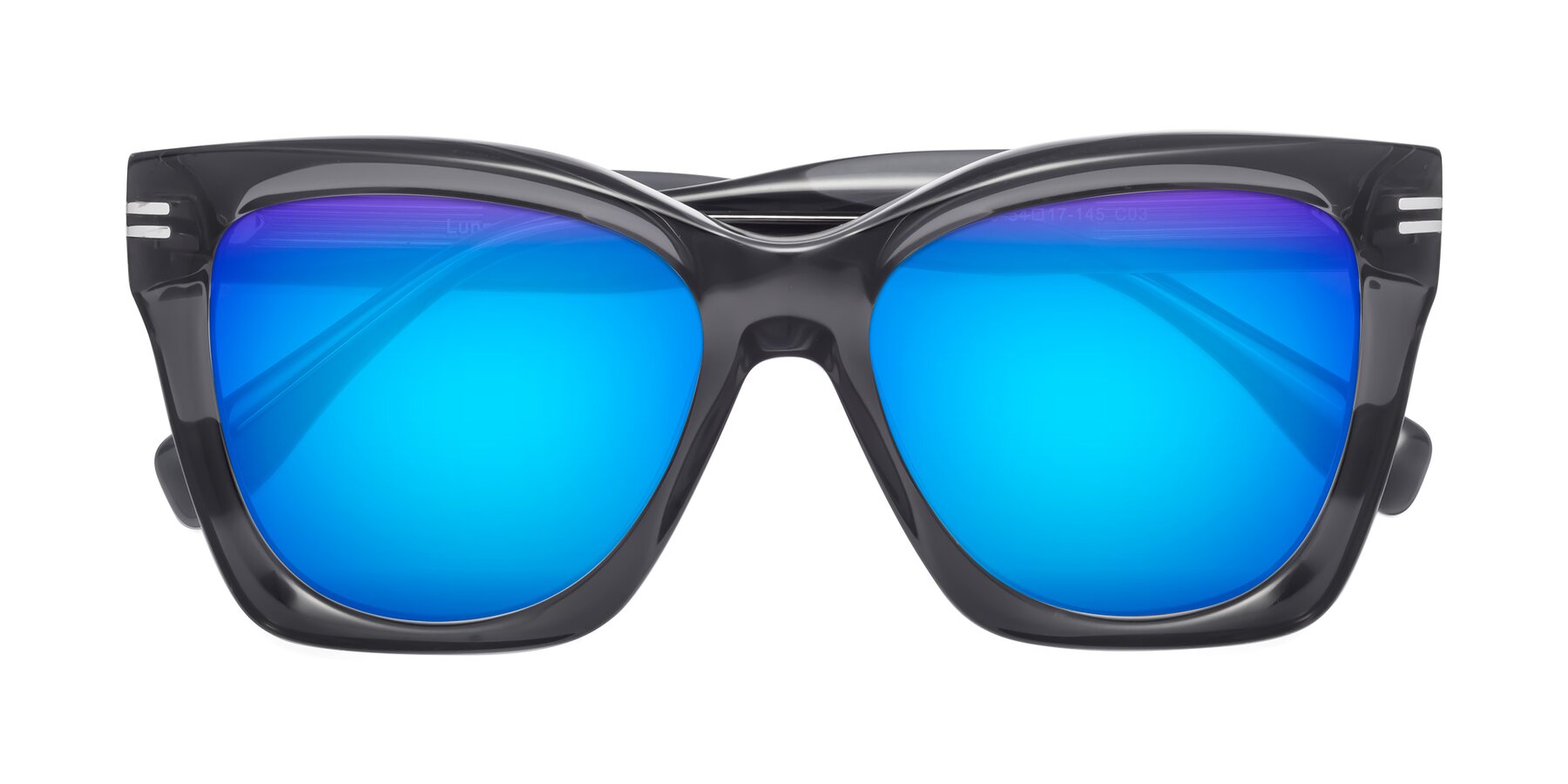 Folded Front of Lunn in Translucent Gray with Blue Mirrored Lenses