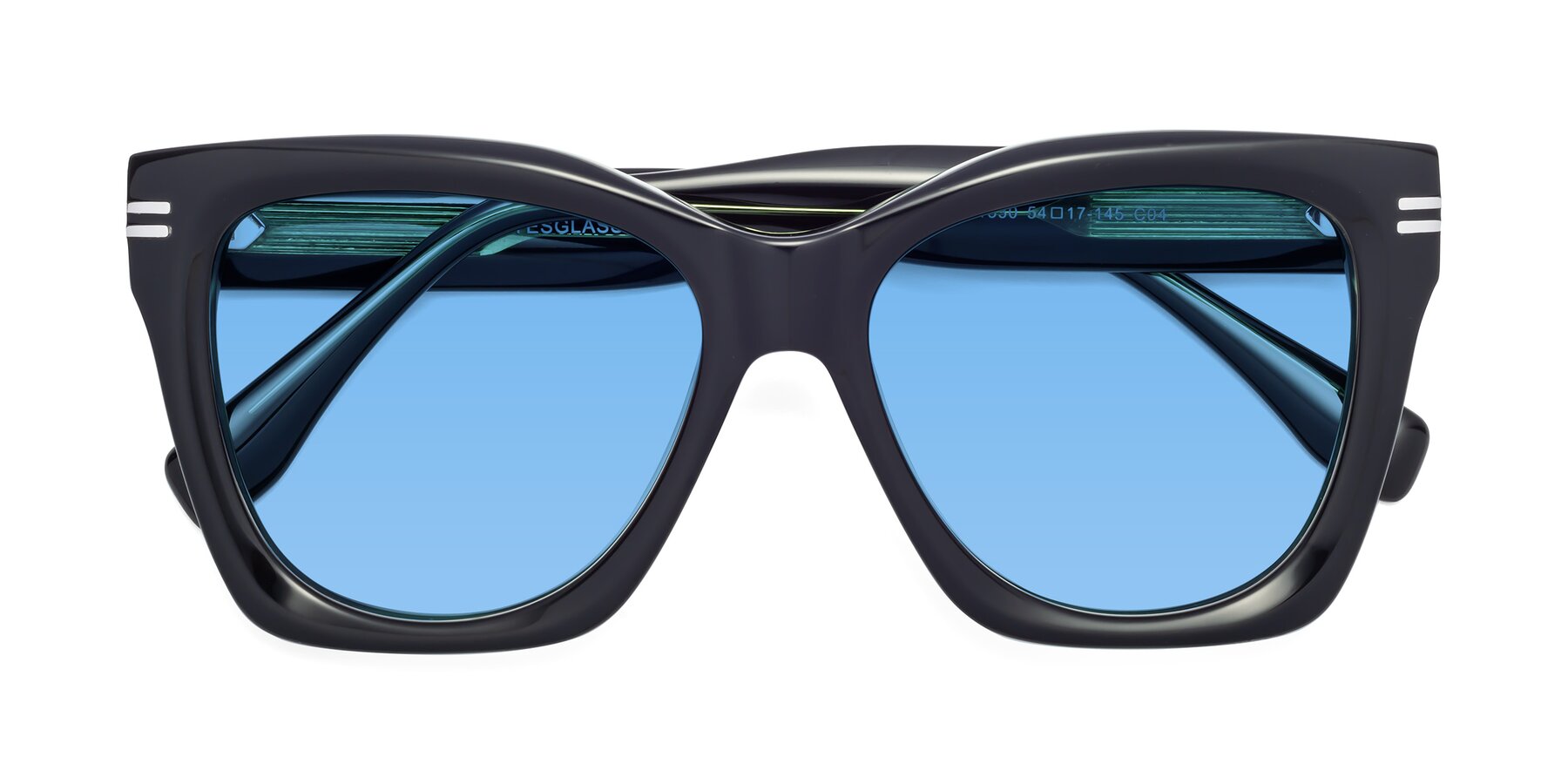 Folded Front of Lunn in Black-Green with Medium Blue Tinted Lenses