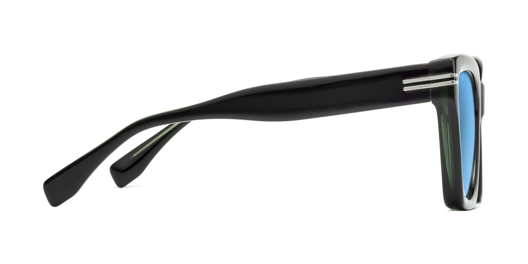 Side of Lunn in Black-Green with Medium Blue Tinted Lenses