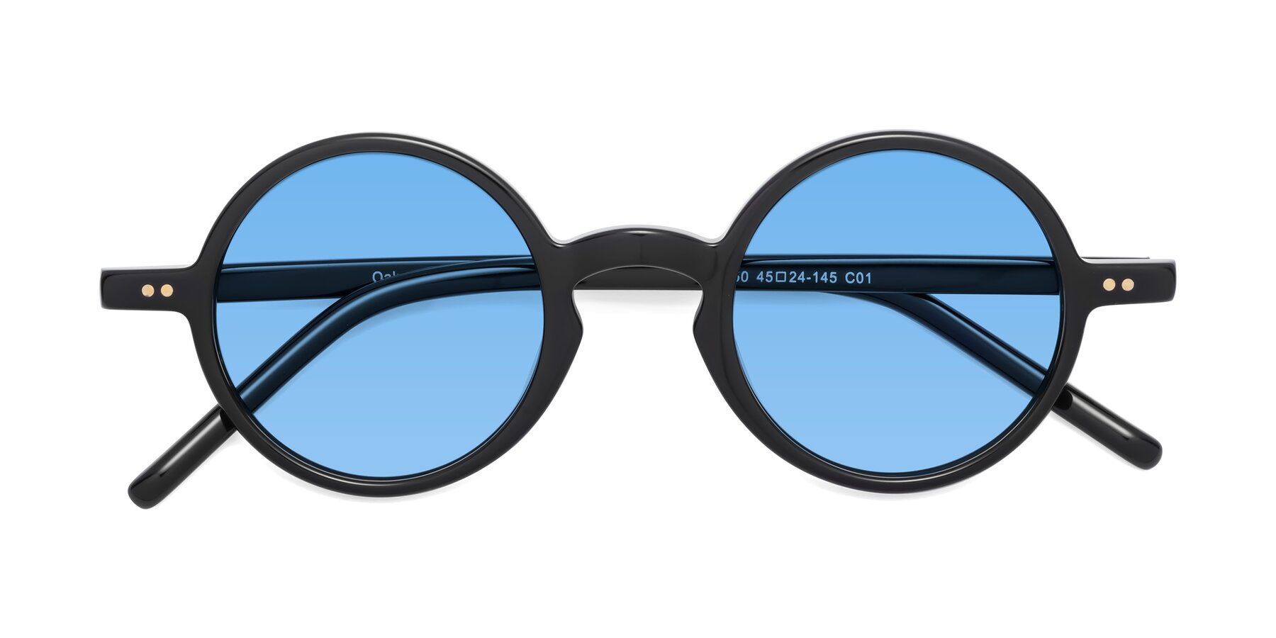 Folded Front of Oakes in Black with Medium Blue Tinted Lenses