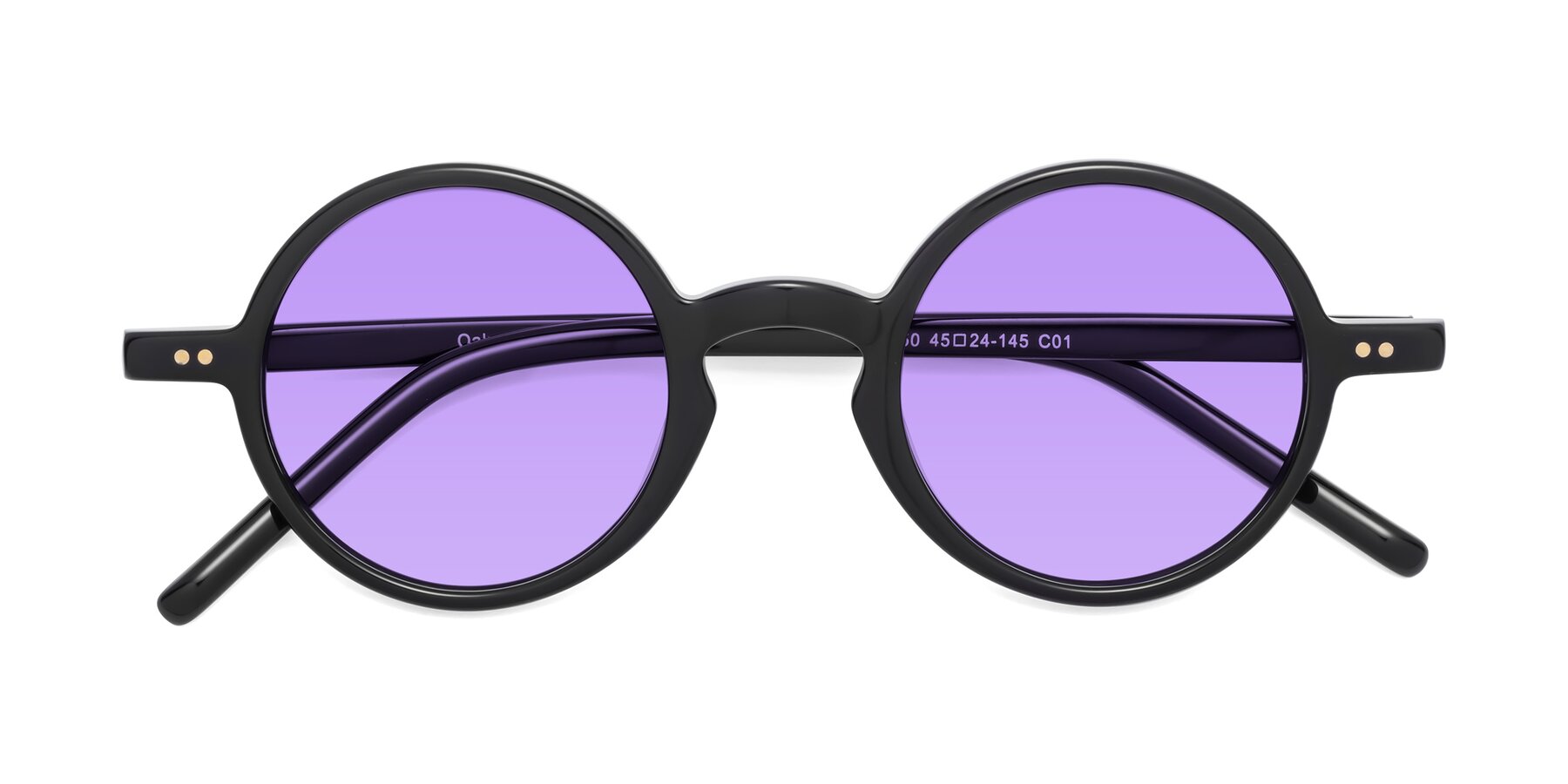 Folded Front of Oakes in Black with Medium Purple Tinted Lenses