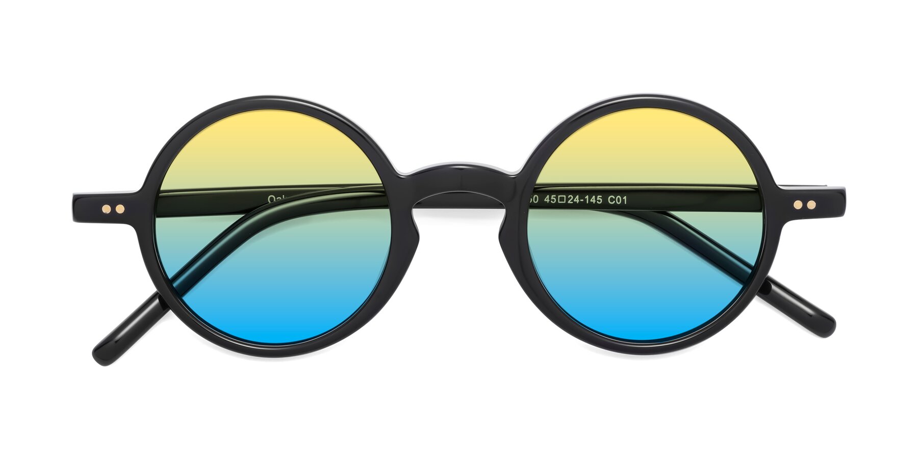 Folded Front of Oakes in Black with Yellow / Blue Gradient Lenses