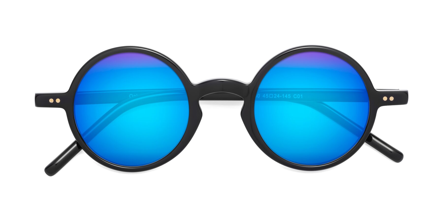 Folded Front of Oakes in Black with Blue Mirrored Lenses