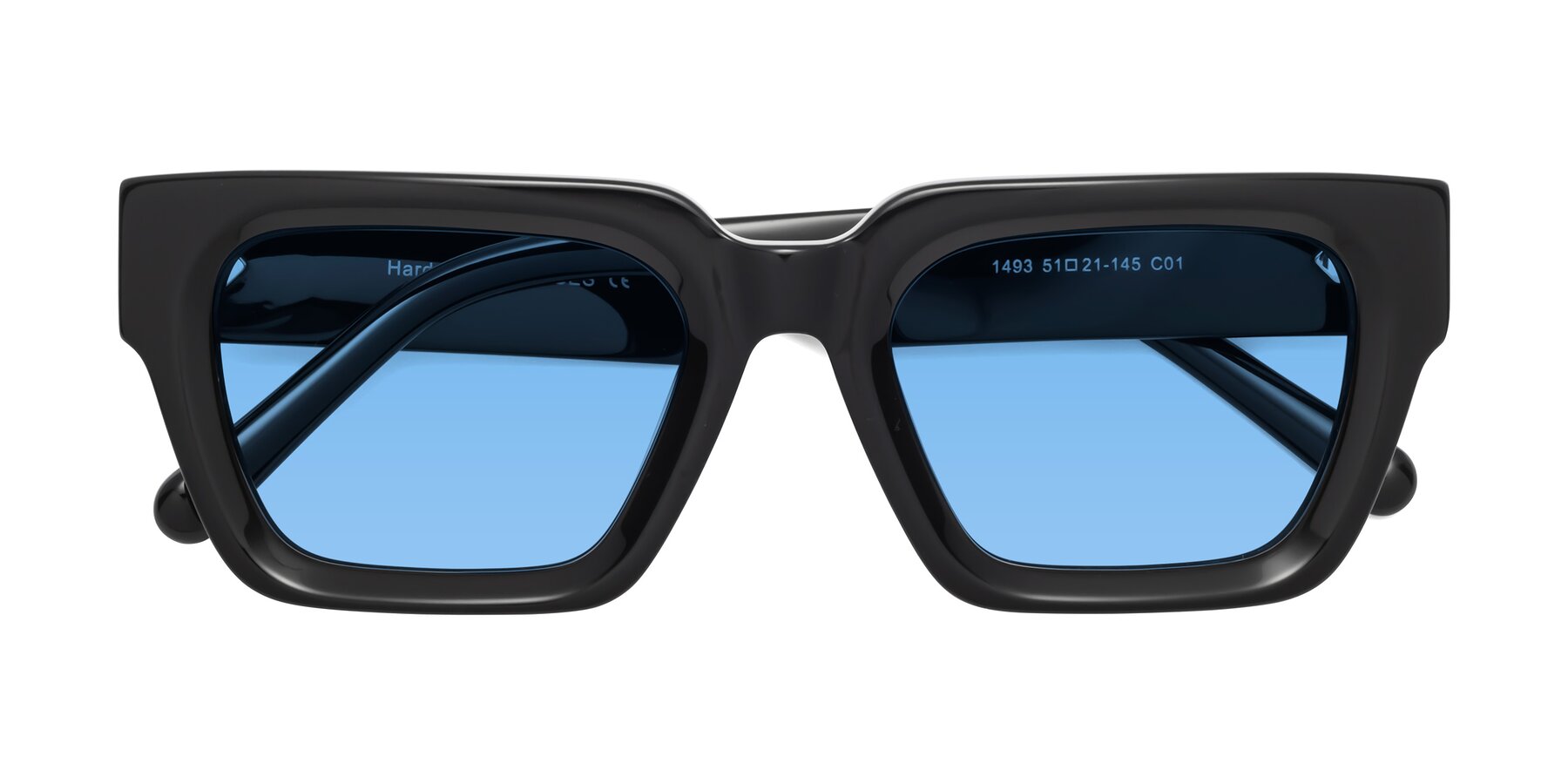 Folded Front of Hardy in Black with Medium Blue Tinted Lenses