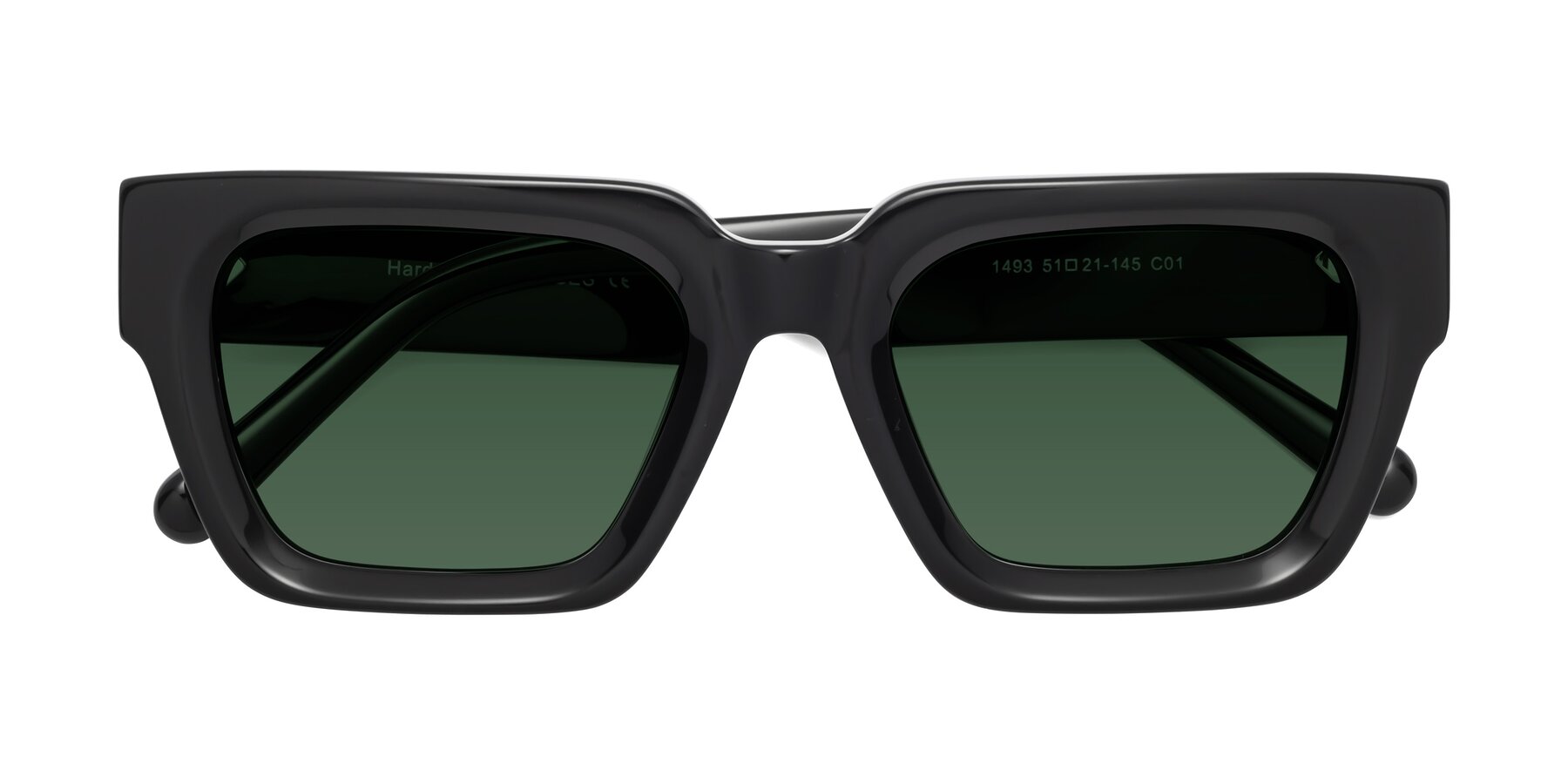 Folded Front of Hardy in Black with Green Tinted Lenses
