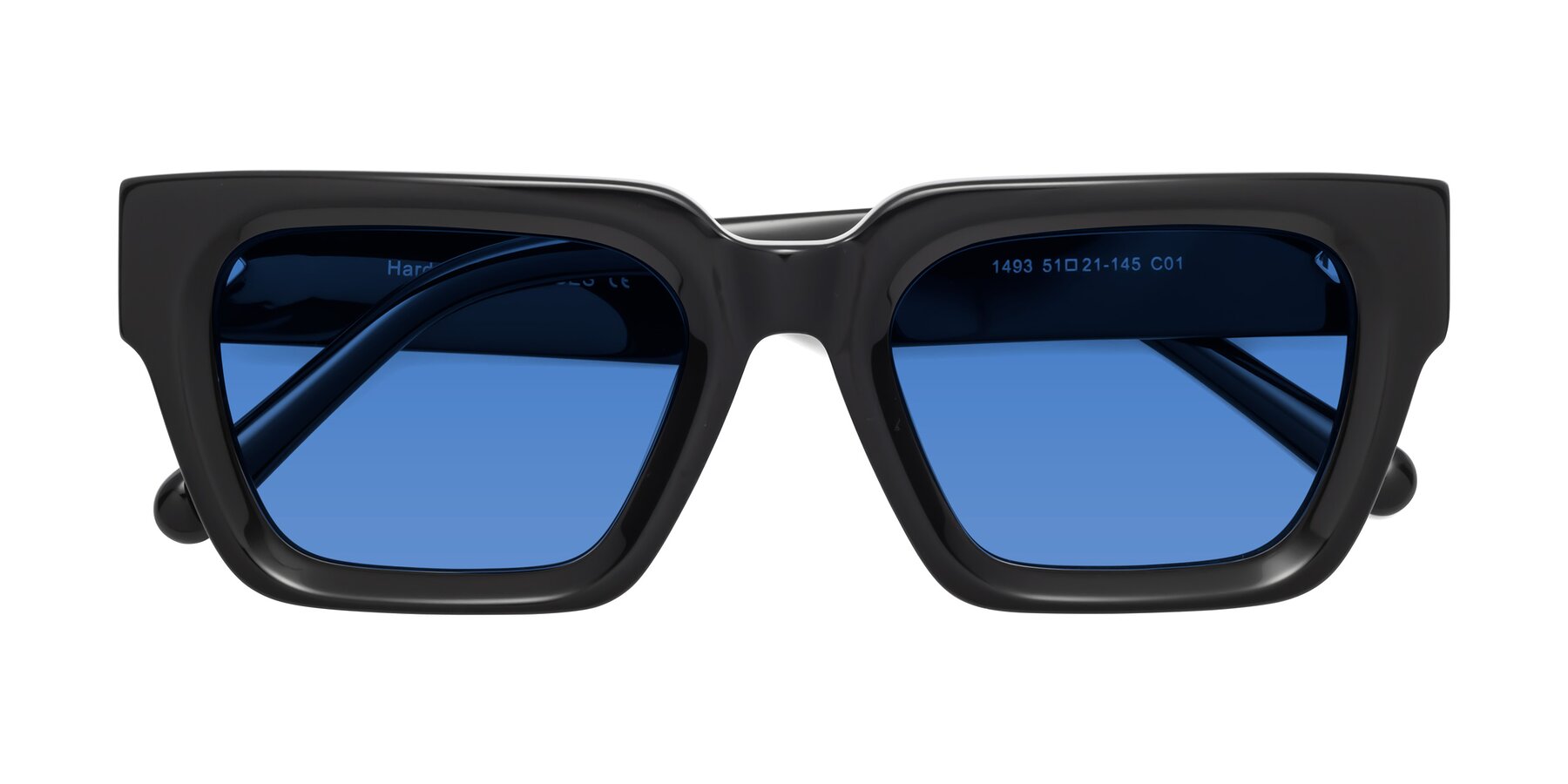 Folded Front of Hardy in Black with Blue Tinted Lenses