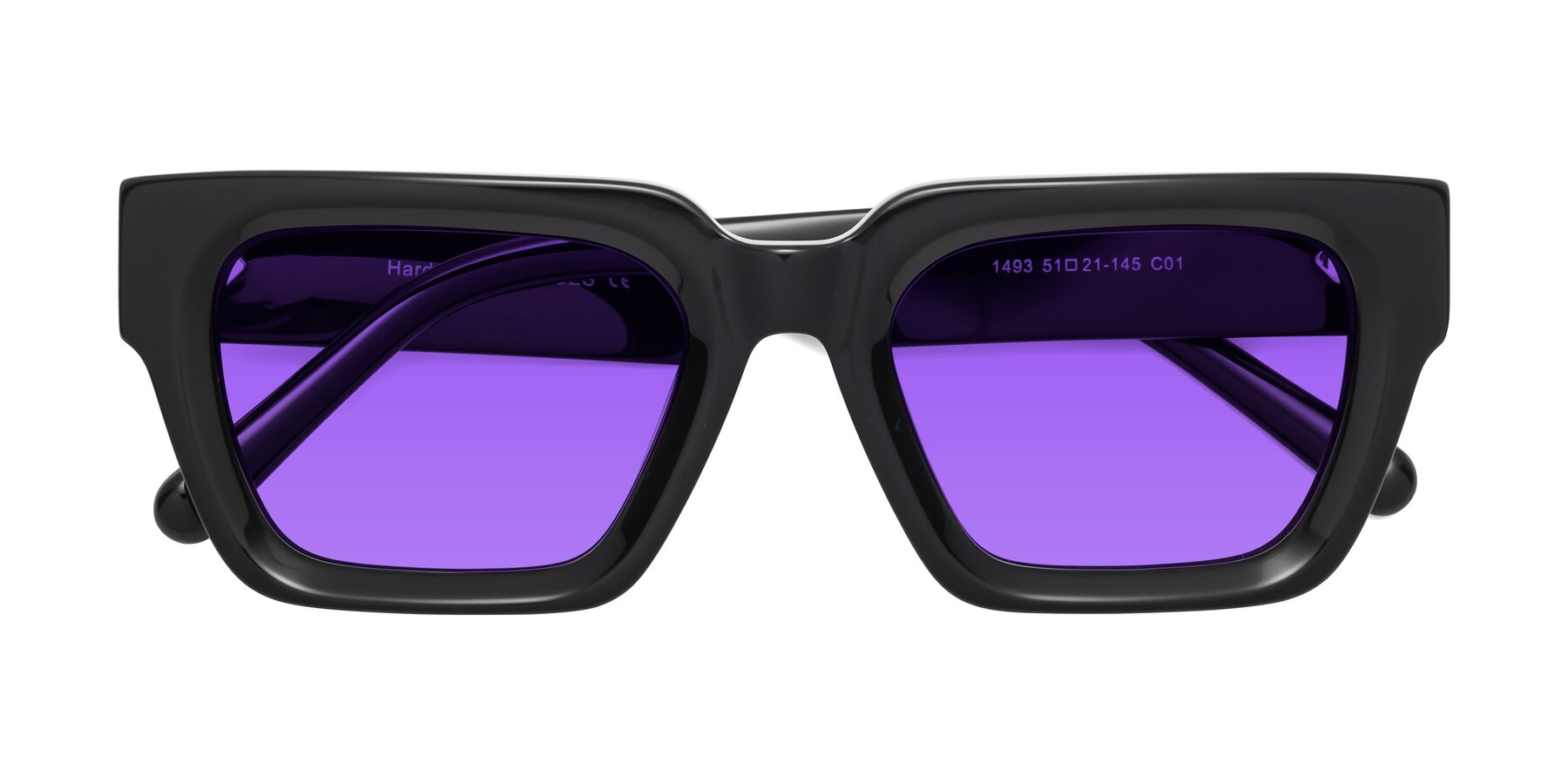 Folded Front of Hardy in Black with Purple Tinted Lenses