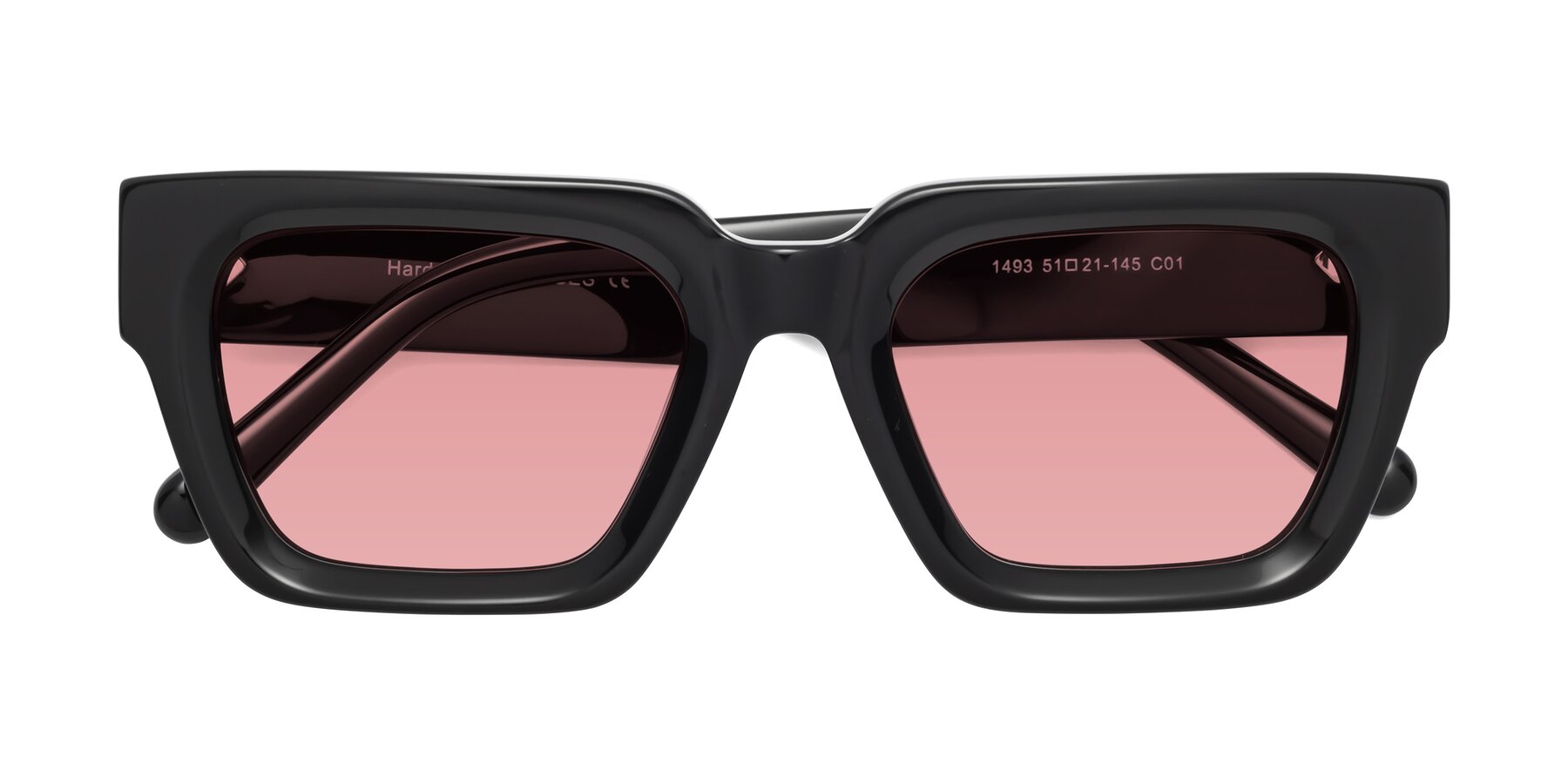 Folded Front of Hardy in Black with Medium Garnet Tinted Lenses