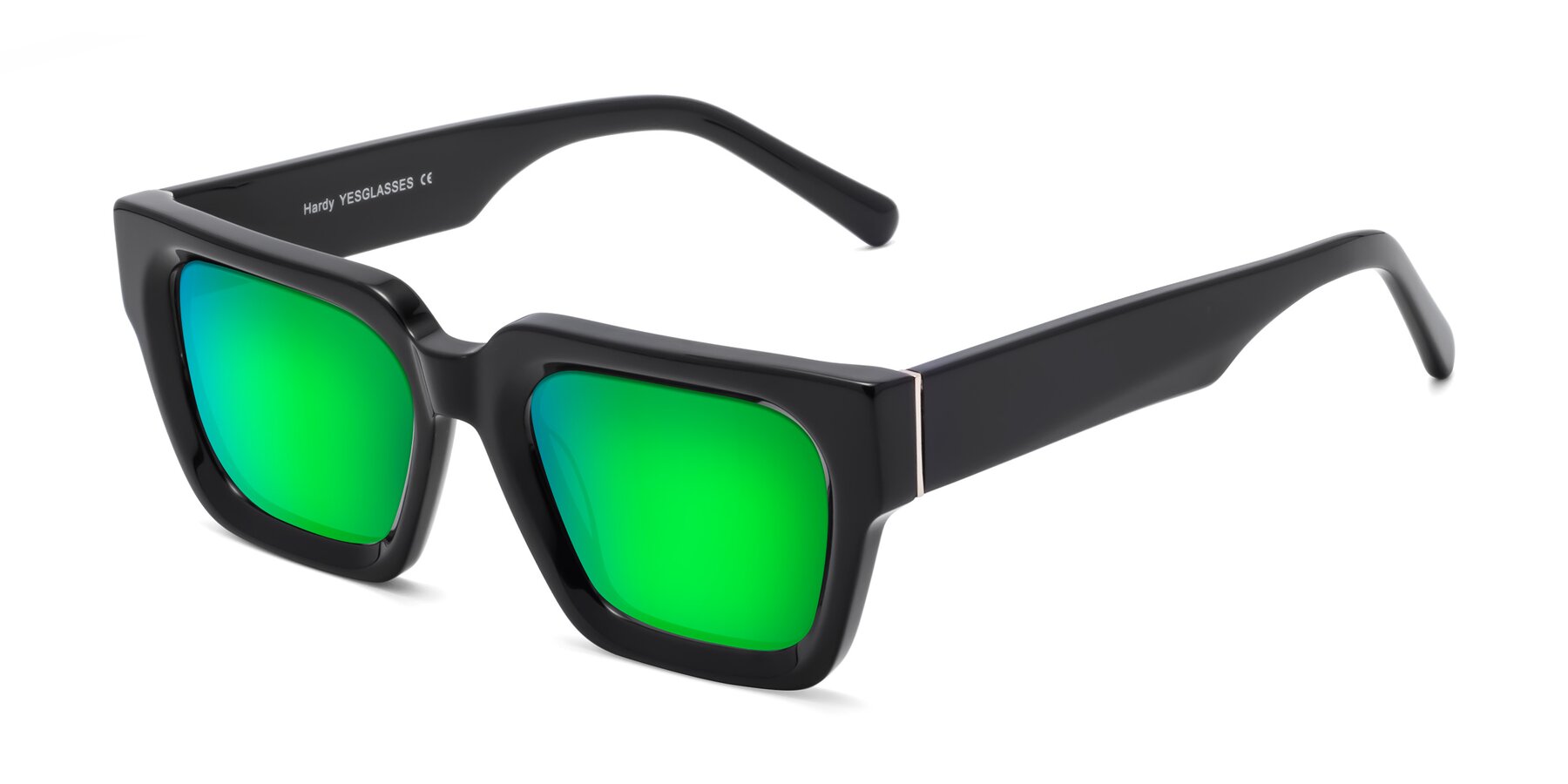 Angle of Hardy in Black with Green Mirrored Lenses