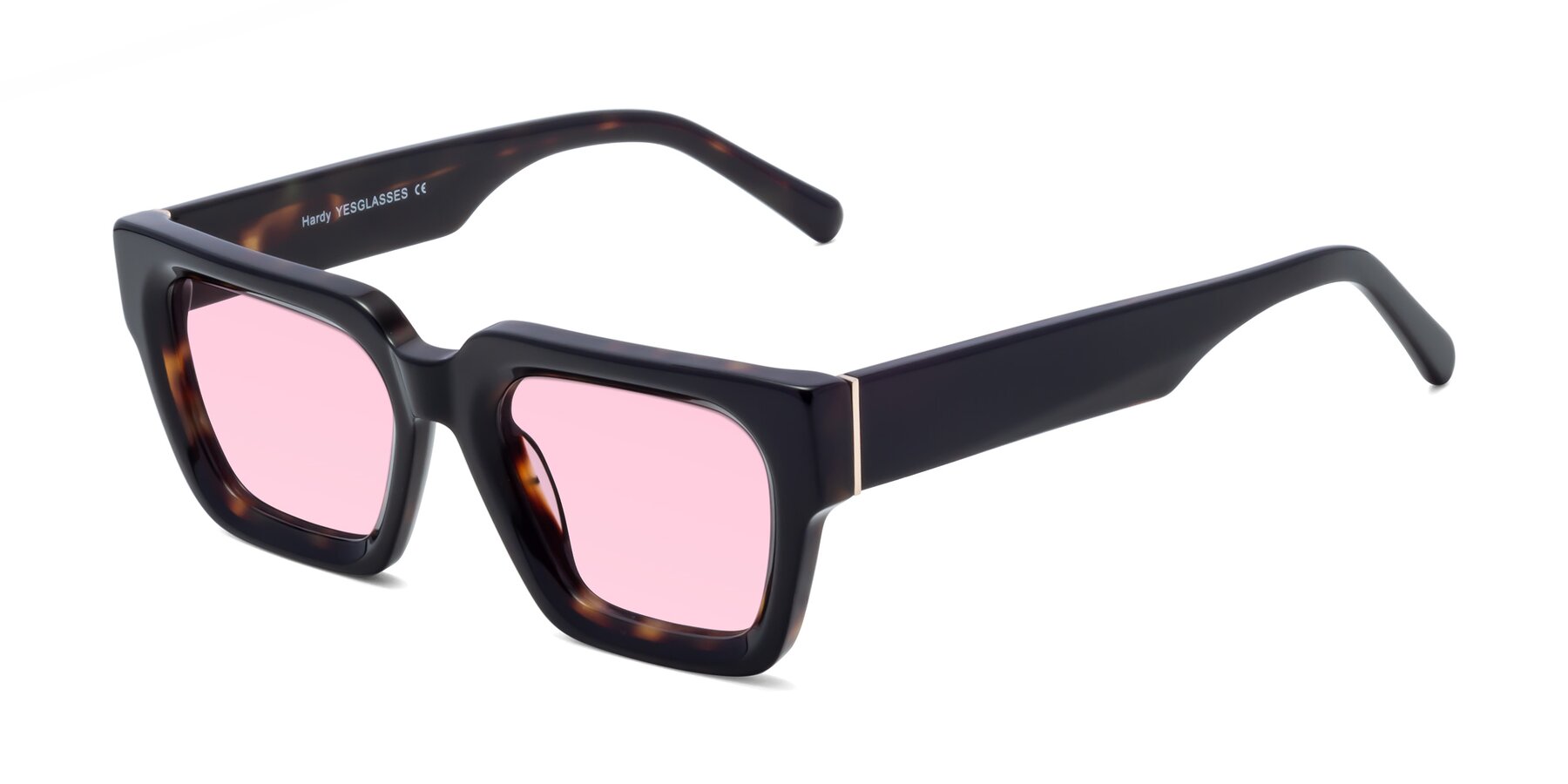 Angle of Hardy in Tortoise with Light Pink Tinted Lenses