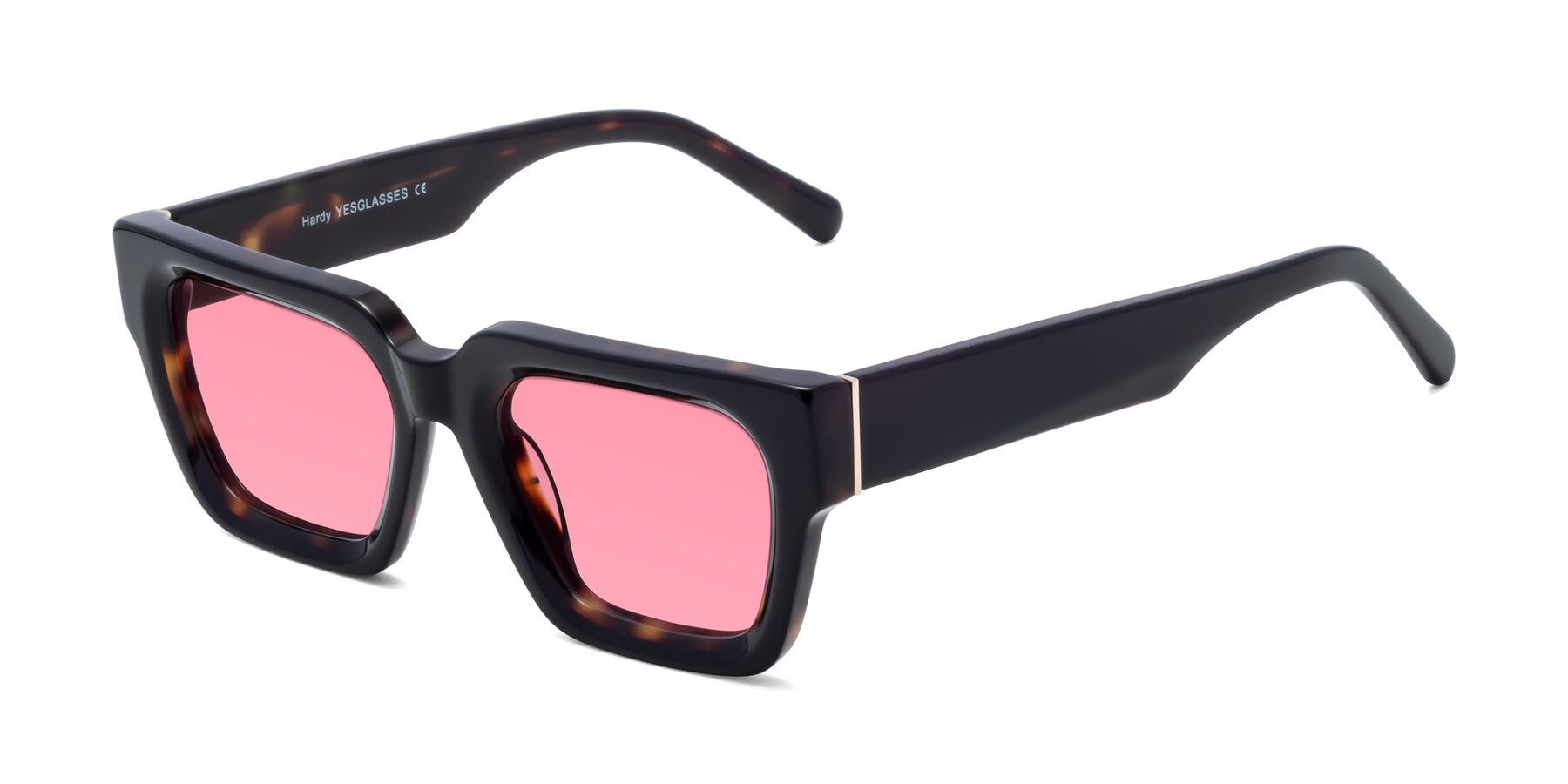 Angle of Hardy in Tortoise with Pink Tinted Lenses