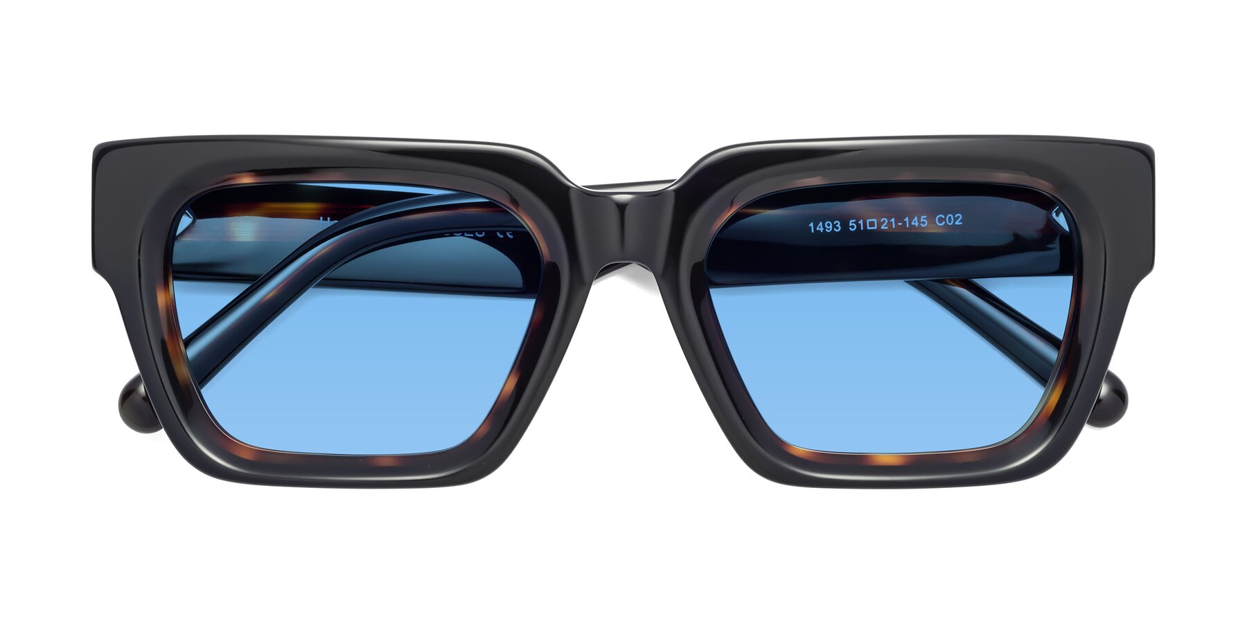 Folded Front of Hardy in Tortoise with Medium Blue Tinted Lenses