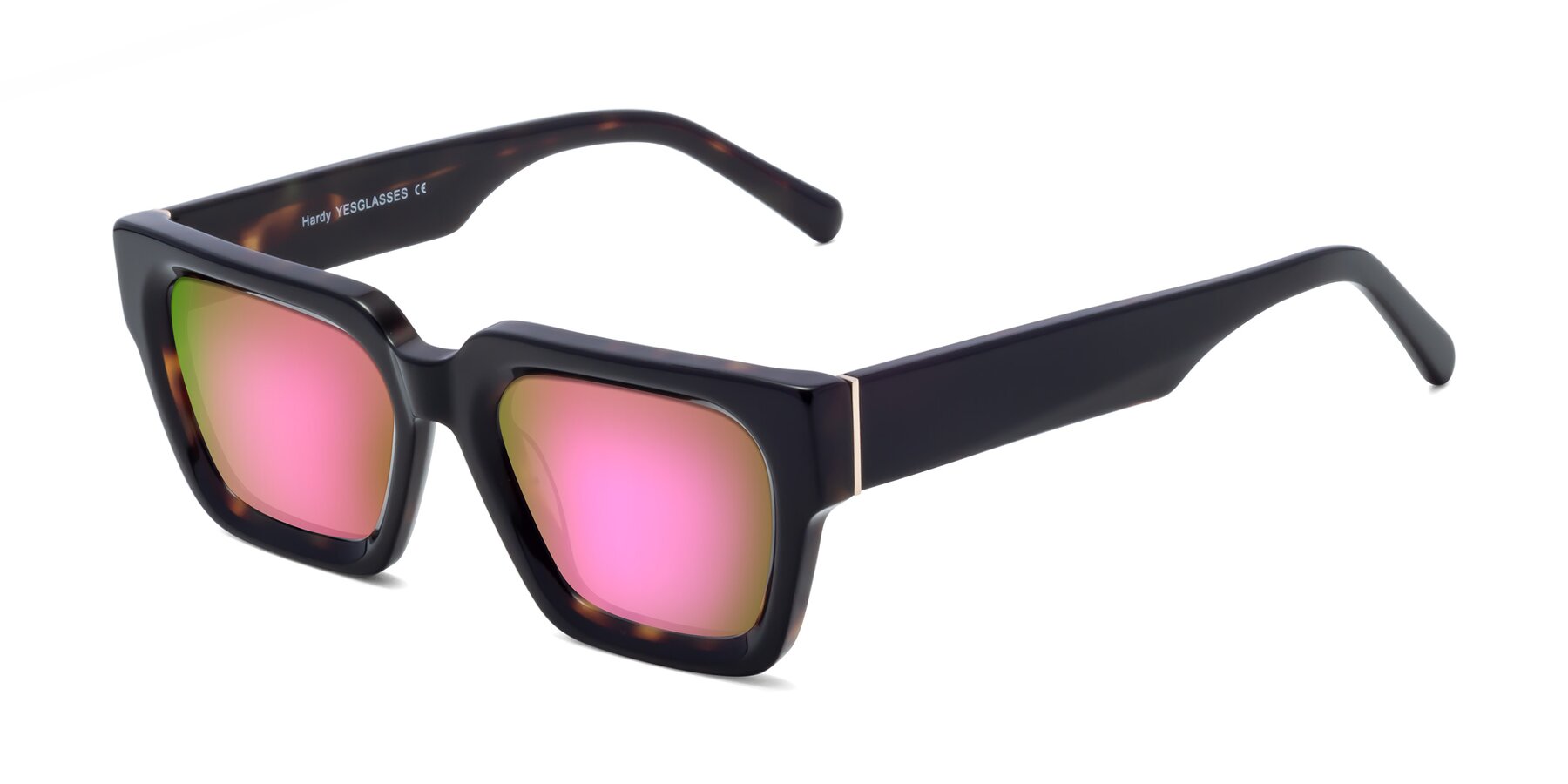 Angle of Hardy in Tortoise with Pink Mirrored Lenses