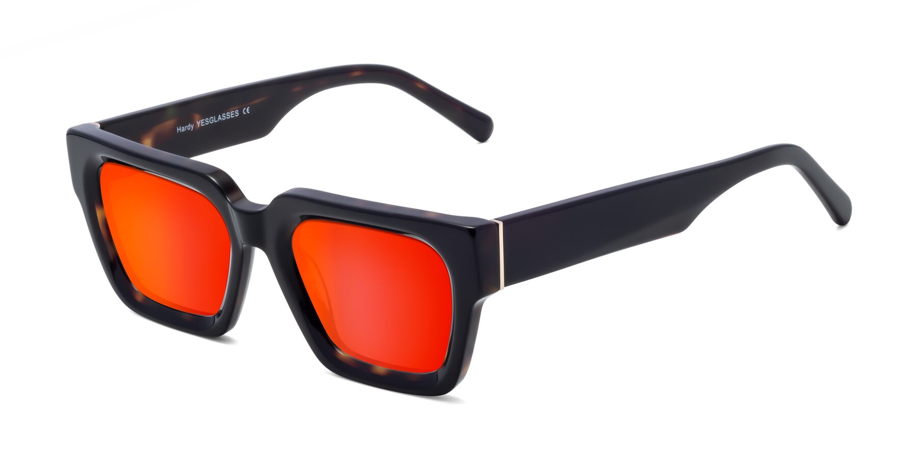 Angle of Hardy in Tortoise with Red Gold Mirrored Lenses