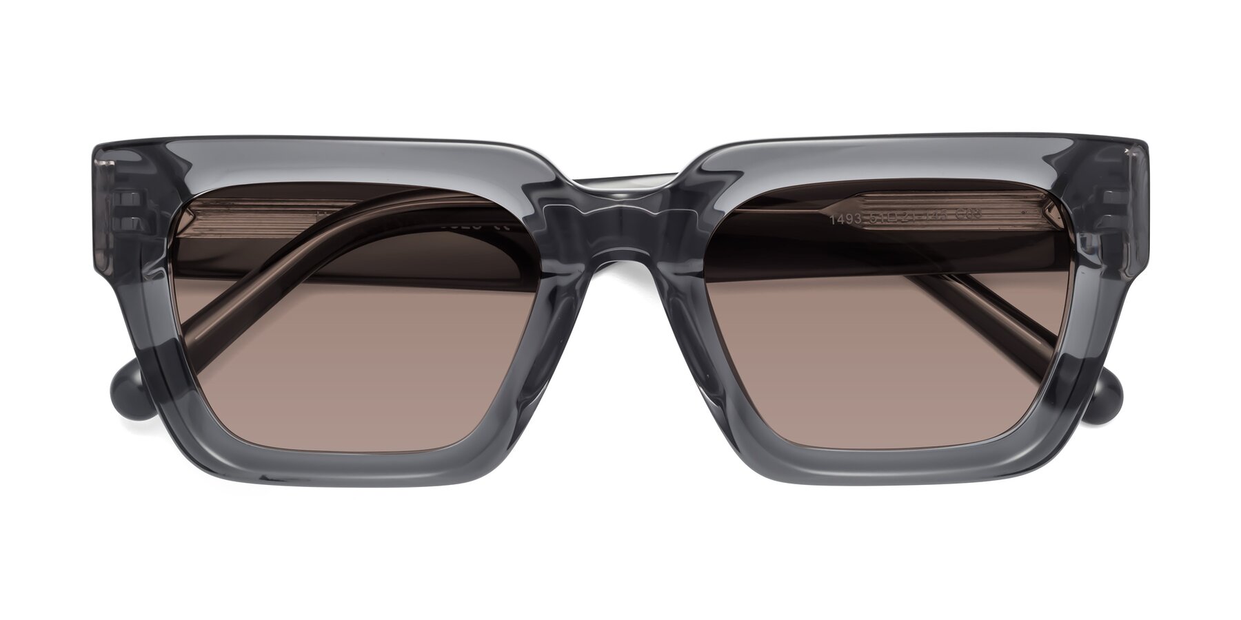 Folded Front of Hardy in Translucent Gray with Medium Brown Tinted Lenses