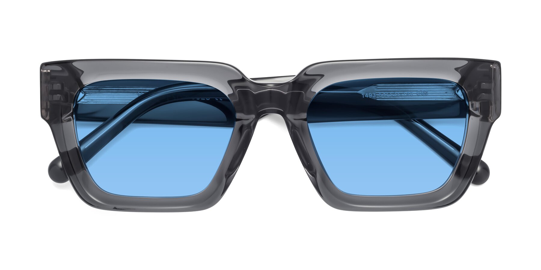 Folded Front of Hardy in Translucent Gray with Medium Blue Tinted Lenses