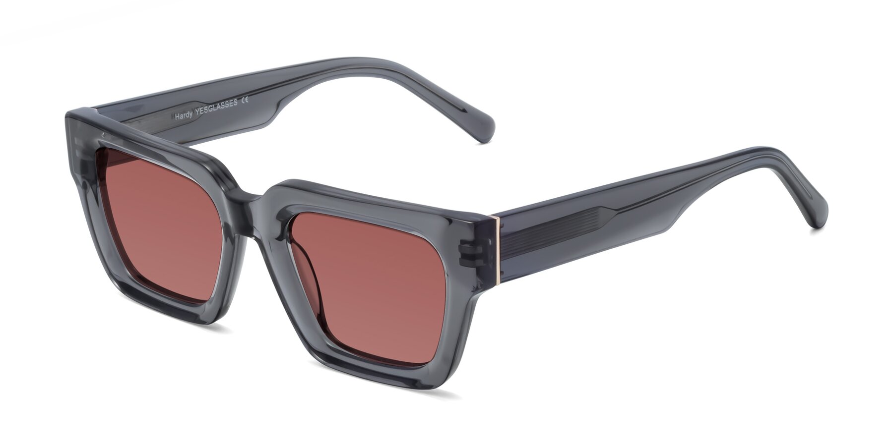 Angle of Hardy in Translucent Gray with Garnet Tinted Lenses