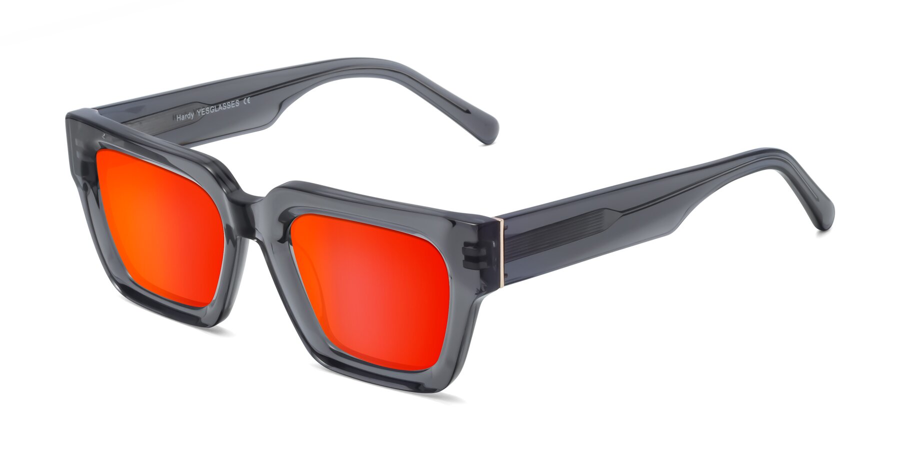 Angle of Hardy in Translucent Gray with Red Gold Mirrored Lenses