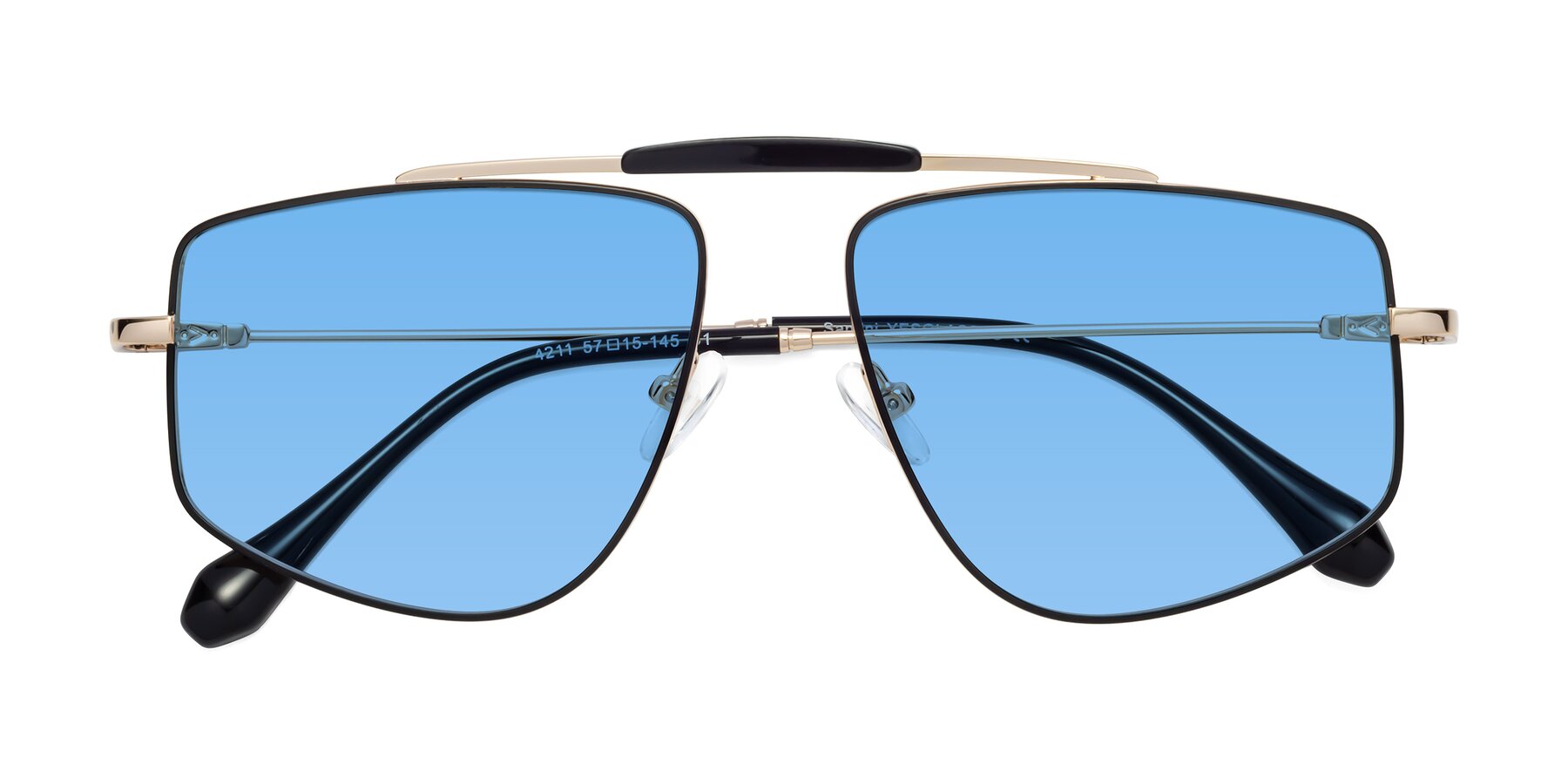 Folded Front of Santini in Black-Gold with Medium Blue Tinted Lenses