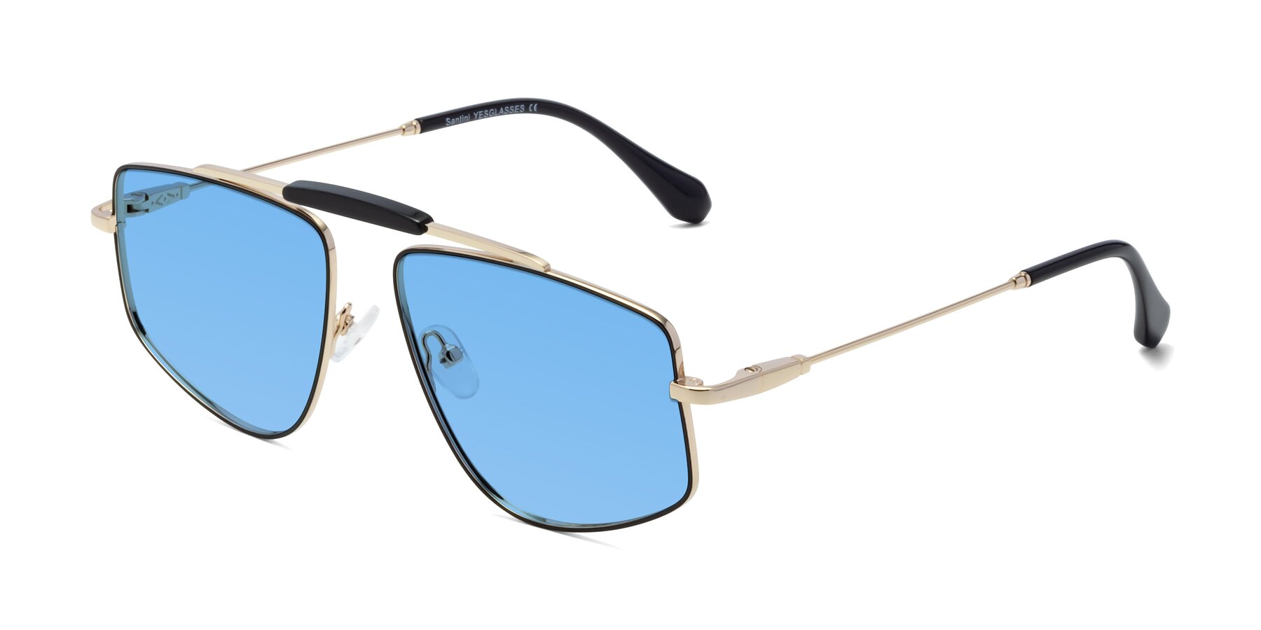 Angle of Santini in Black-Gold with Medium Blue Tinted Lenses