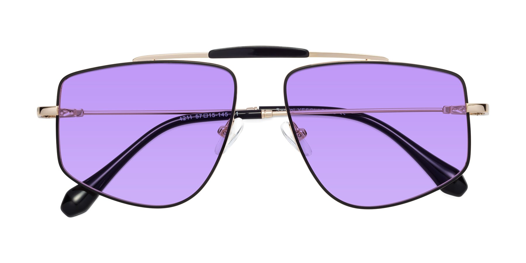 Folded Front of Santini in Black-Gold with Medium Purple Tinted Lenses