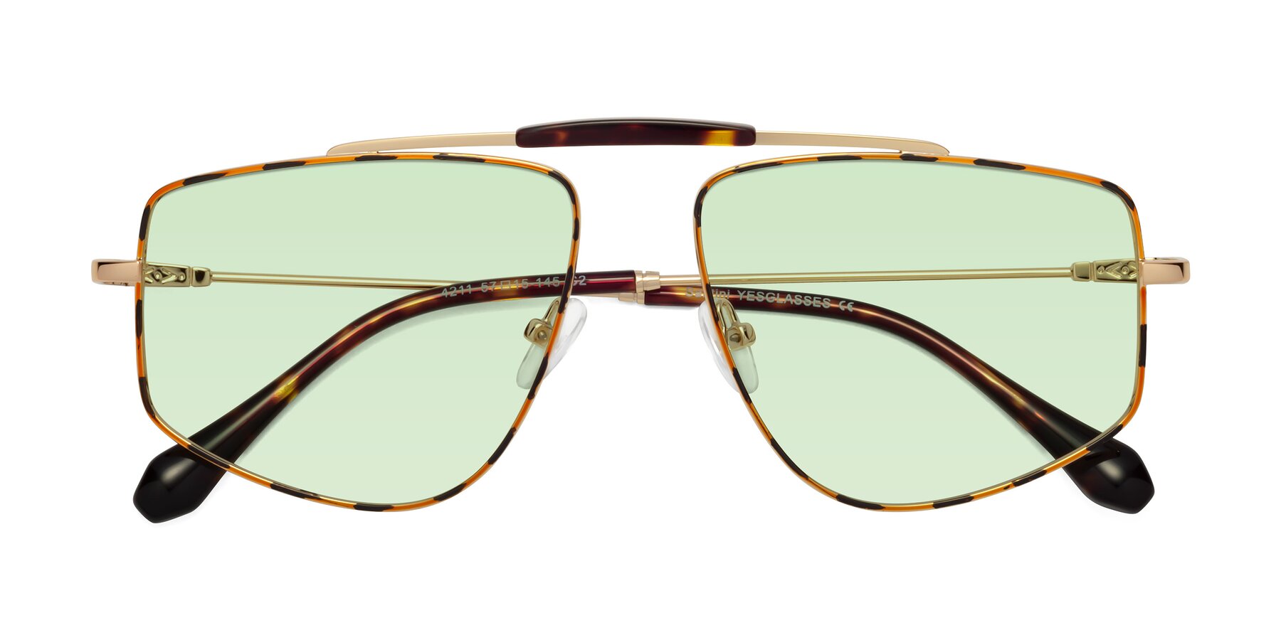Folded Front of Santini in Leopard-Print-Gold with Light Green Tinted Lenses