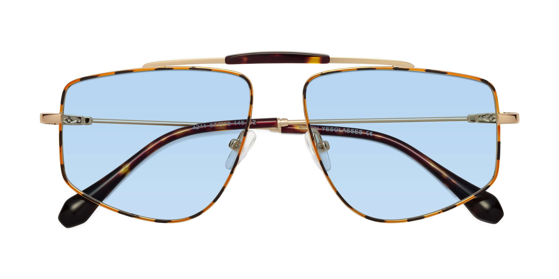 Folded Front of Santini in Leopard-Print-Gold with Light Blue Tinted Lenses