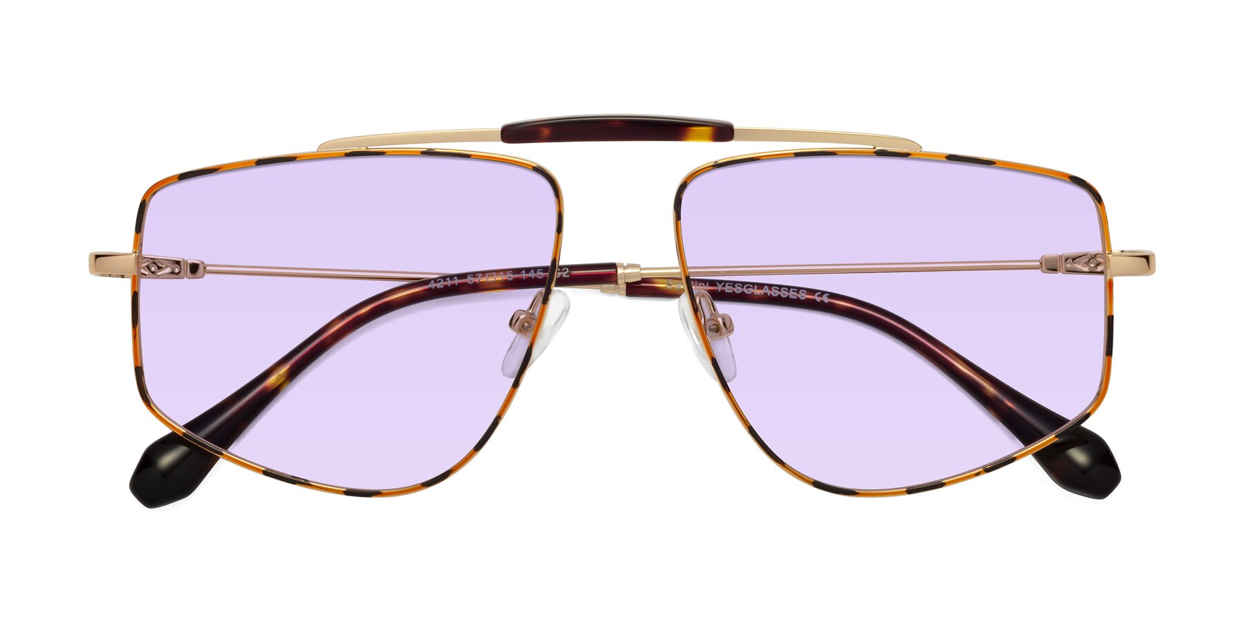 Folded Front of Santini in Leopard-Print-Gold with Light Purple Tinted Lenses