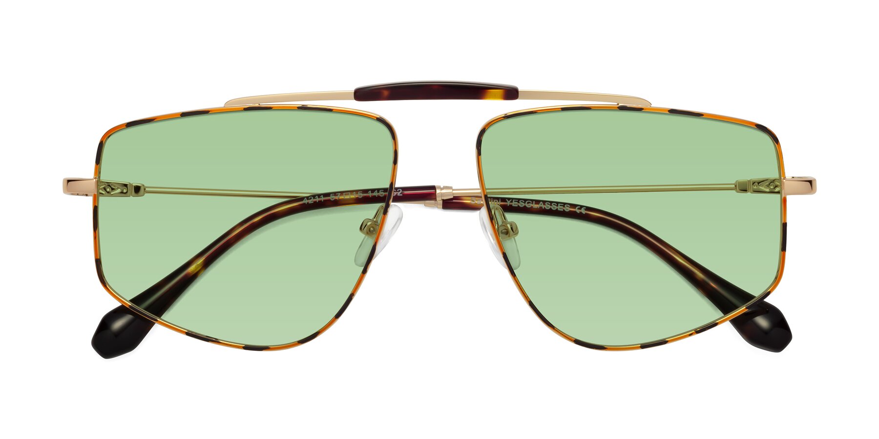 Folded Front of Santini in Leopard-Print-Gold with Medium Green Tinted Lenses
