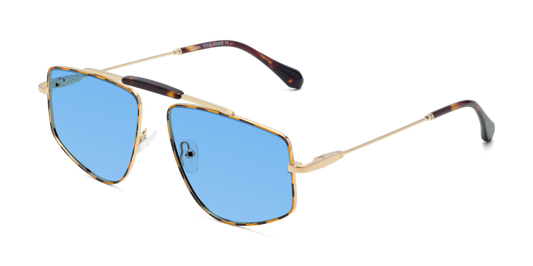 Angle of Santini in Leopard-Print-Gold with Medium Blue Tinted Lenses