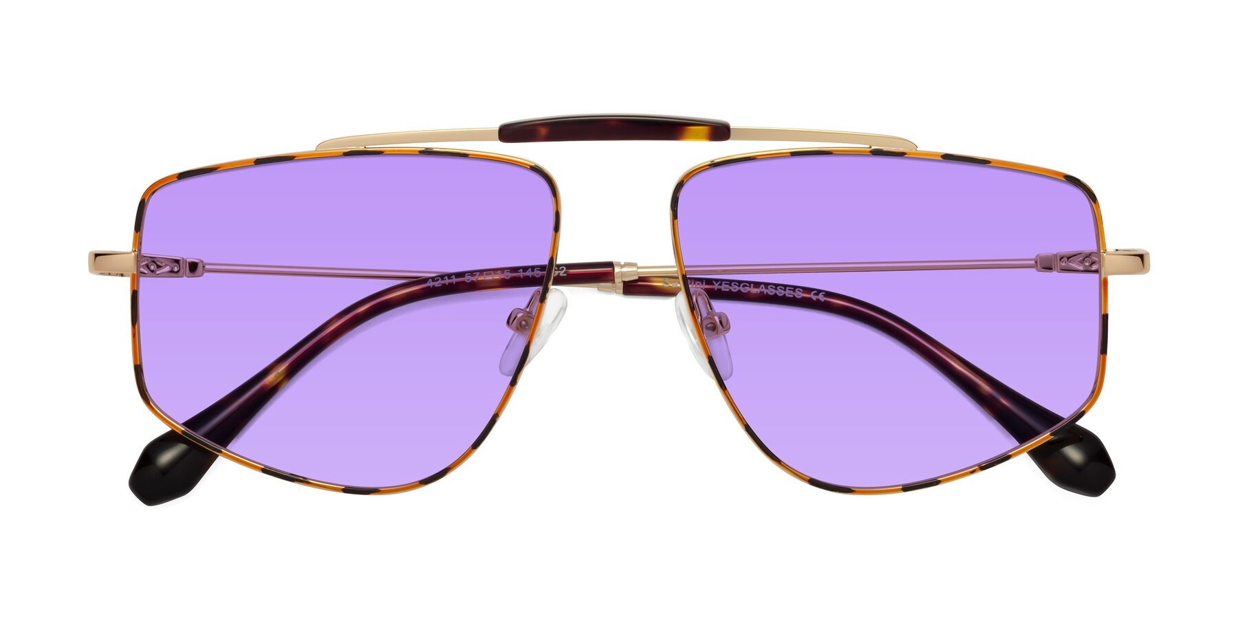 Folded Front of Santini in Leopard-Print-Gold with Medium Purple Tinted Lenses